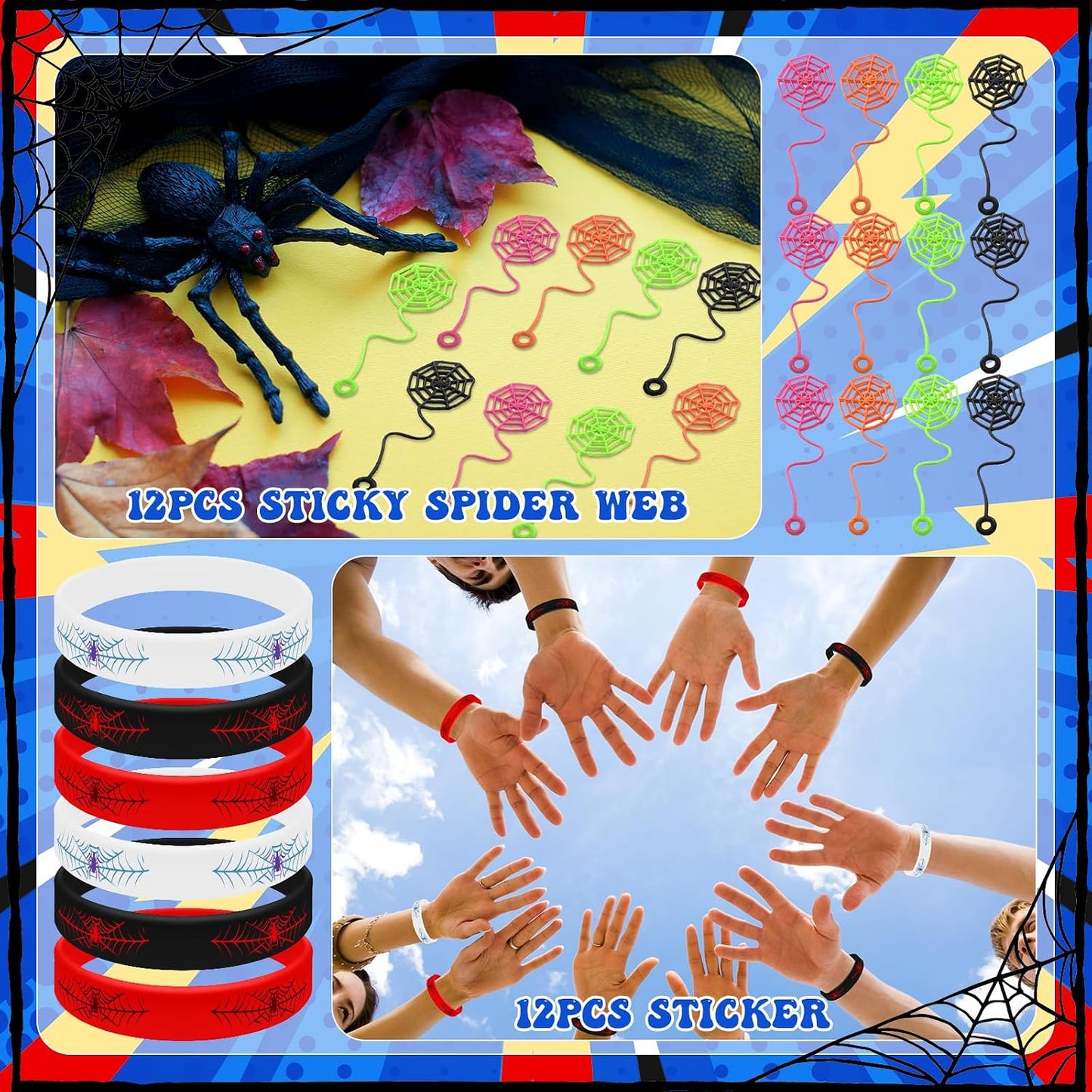 Spider Party Favors - 72 Pcs Birthday Supplies with Goodie Bags, Straws, Cups & Sticky Webs | Fun for Kids' Parties