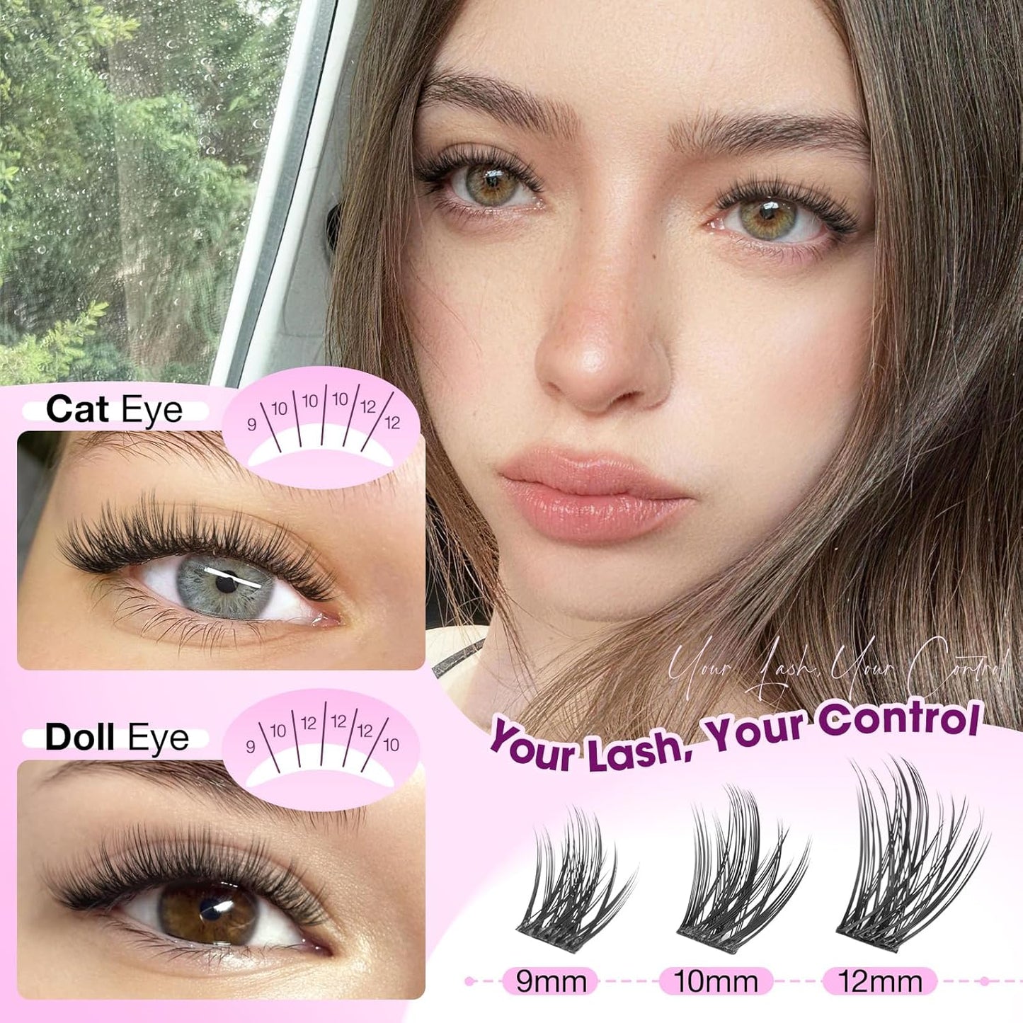 Natural Lash Clusters - 9-10-12mm CC Curl Wispy Eyelash Extensions | Soft, Lightweight for Cat Eye & Doll Eye Looks