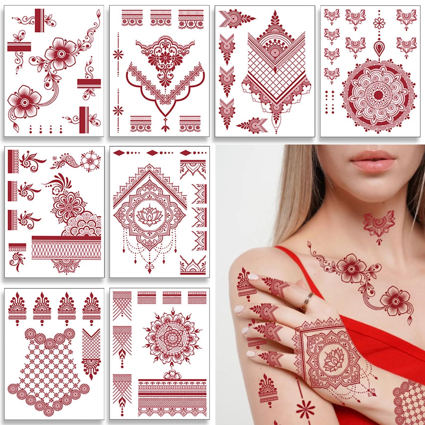 8 Sheets Henna Tattoos Temporary Stickers Waterproof Sexy Women Body Red Brown Party Masquerade Halloween Peacock Lotus DIY Face Arms Legs Art Decoration