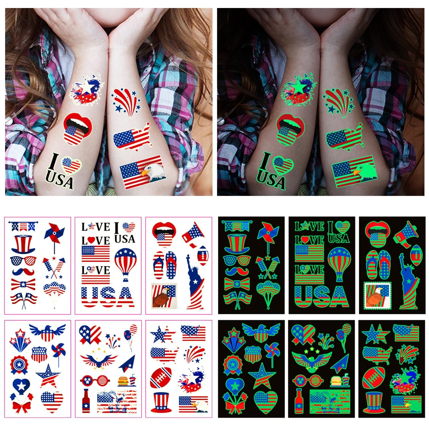 Awinmay 80 Pcs Luminous 4th of July Temporary Tattoos for Kids, American Flag Red White and Blue Decor, Fourth of July, USA Party Favors, Memorial Day, Independence Day, Labor Day Glow Party Supplies