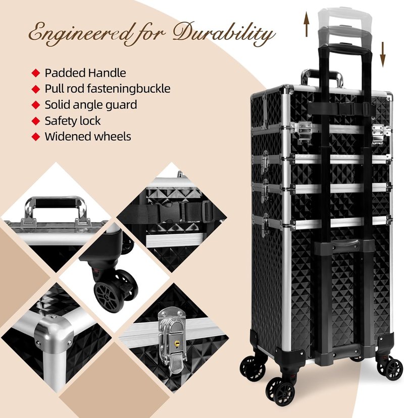 Rolling Makeup Train Case - 5 in 1 Professional Cosmetic Organizer on Wheels | Large Black Storage for Hairstylists & Artists