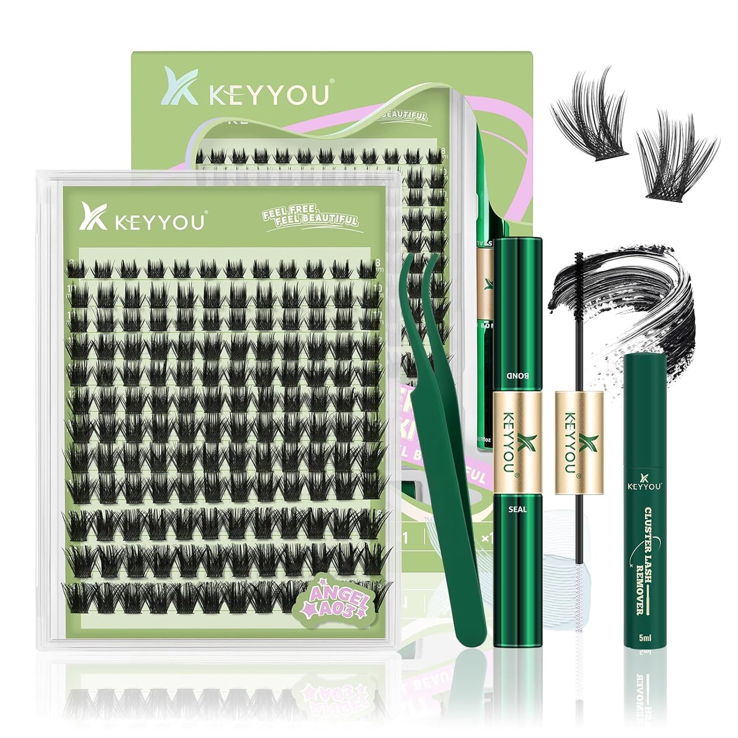 KEYYOU 3D Eyelash Clusters - 280pcs Wispy Volume Lashes | 80D D Curl, 9-18mm Mix