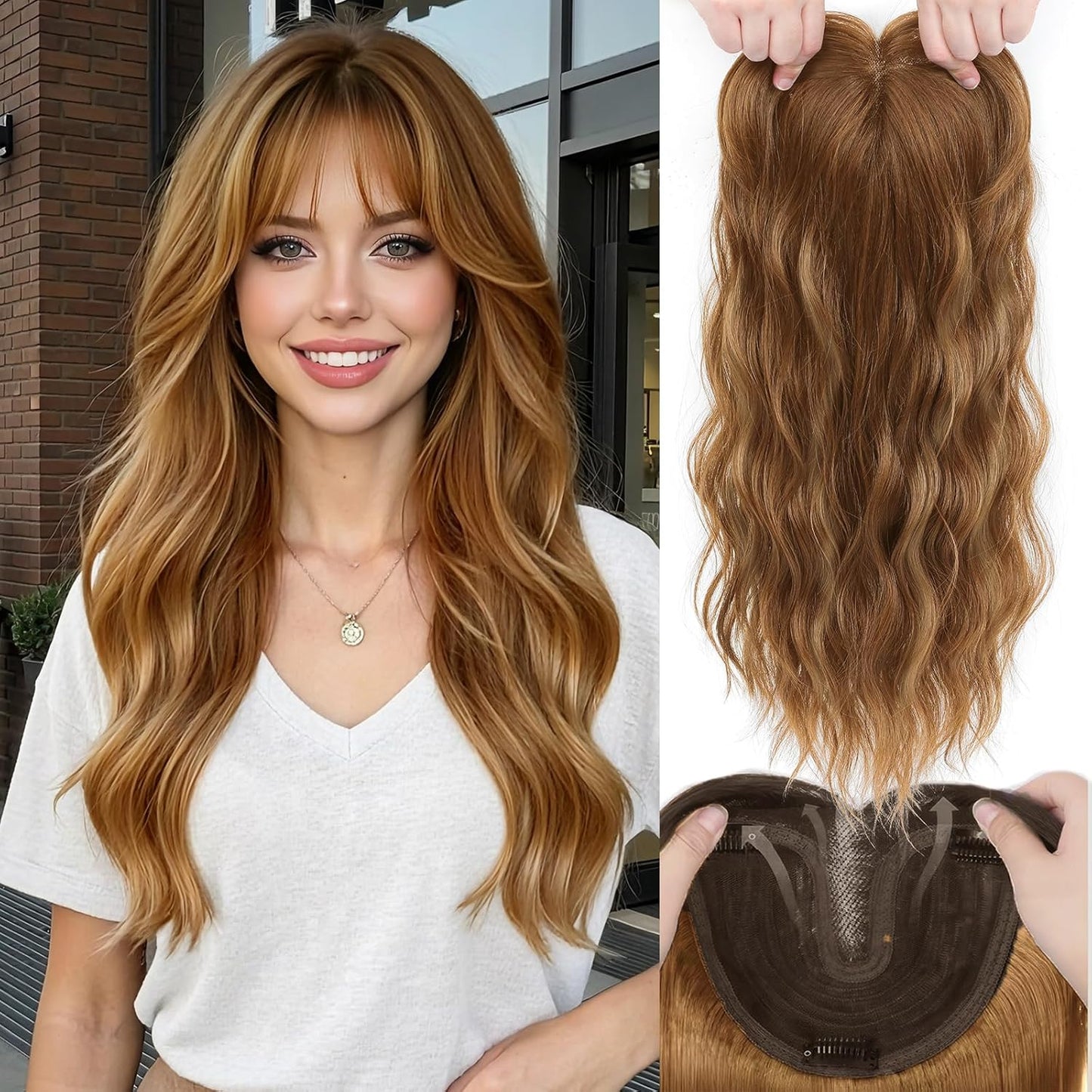 16 Inch Hair Topper for Women - Synthetic Curly Wavy Clip-In with Curtain Bangs | Natural Crown Coverage in Chestnut Brown