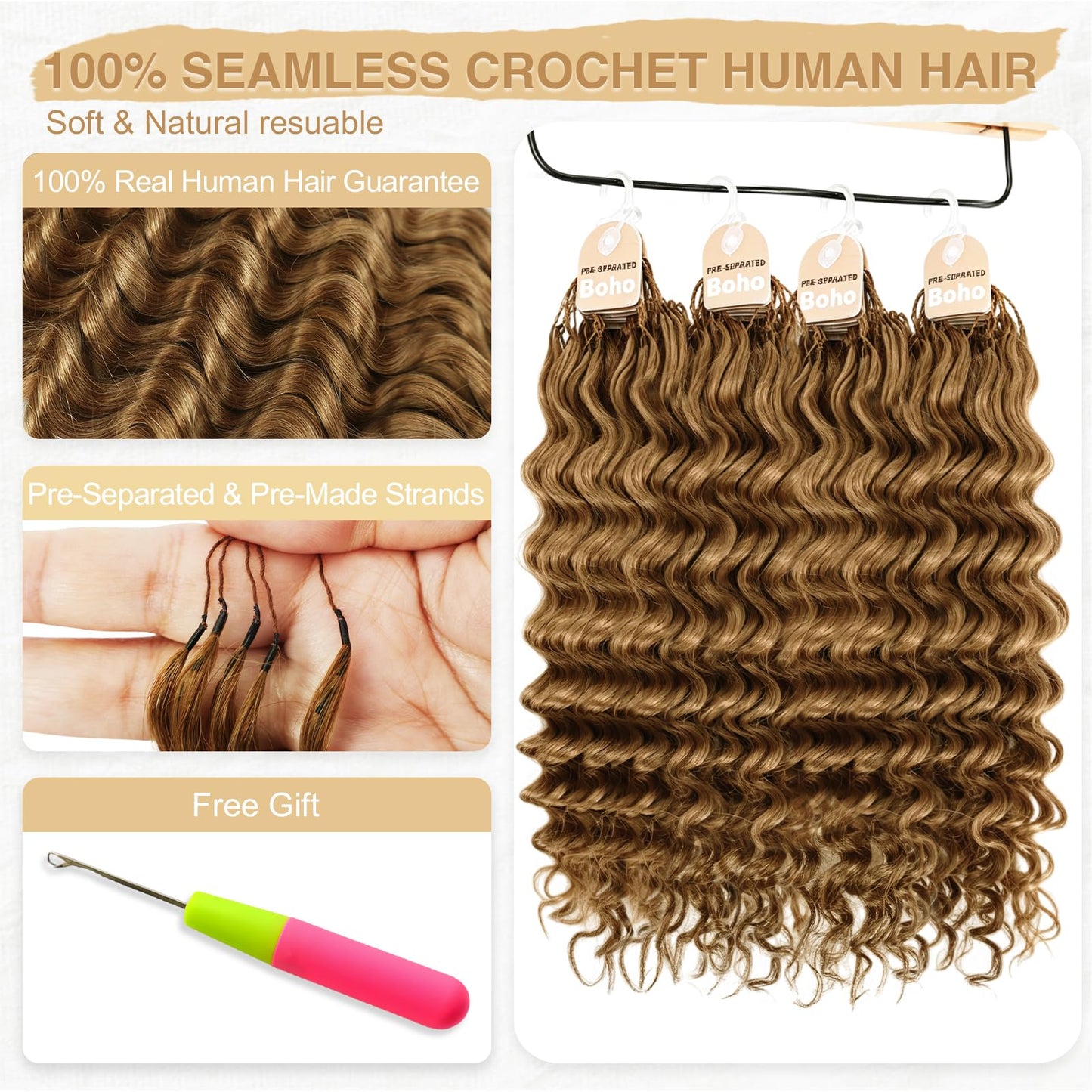 Human Crochet Hair for Black Women 18inch 120g Pre Separated 100 Strands Deep Wave 27# Invisible Miracle Knots Boho Honey Blonde Feather Crochet Human Hair,Lightweight No Itch