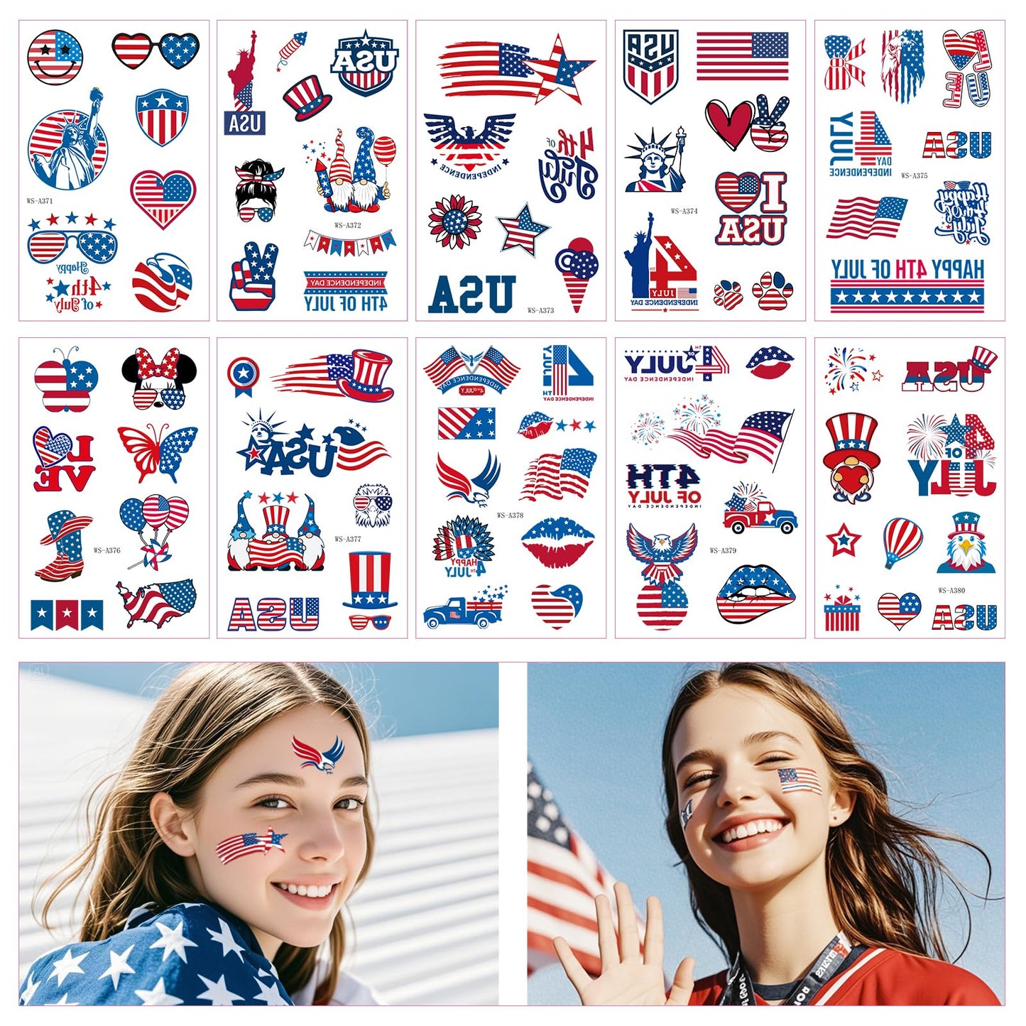 Awinmay 4th of July Temporary Tattoos - 80 Pcs Independence Day American Flag Red White and Blue Tattoos for Kids,Memorial Day,Labor Day,Fourth of July Party Decorations and USA Party Favors 10 Sheets