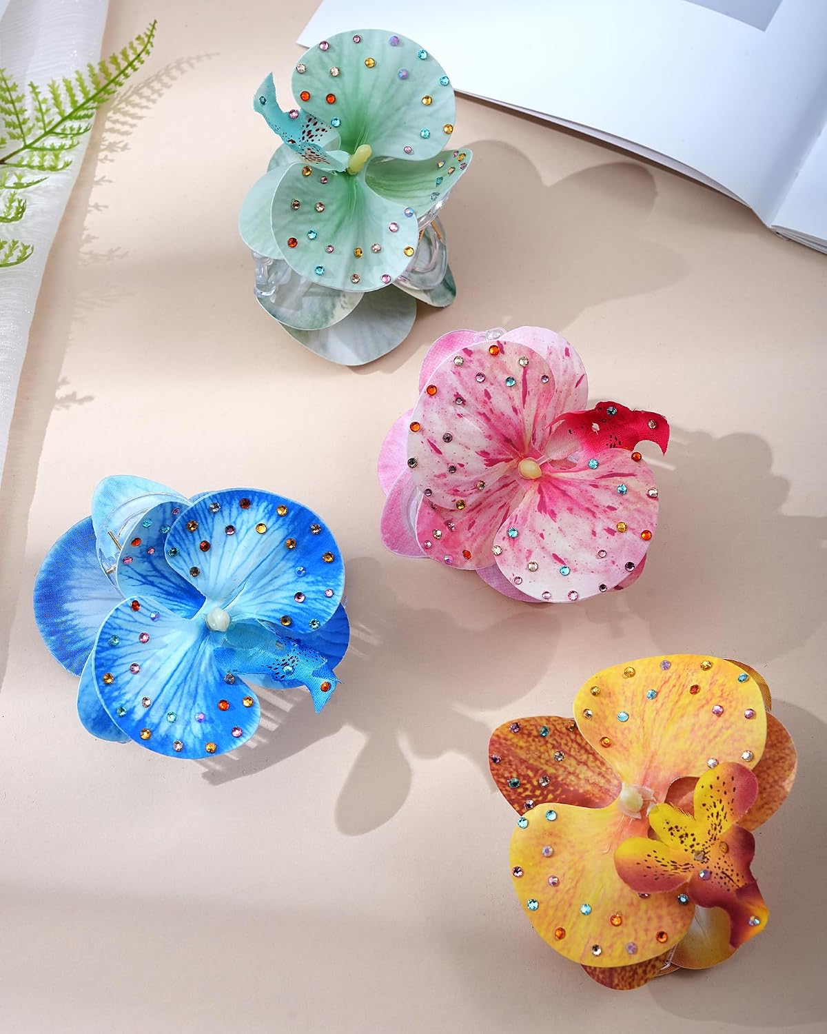 Hawaiian Flower Hair Claw Clips - 4 Pack Artificial Tropical Orchid | Wedding & Beach Party Accessories (Blue, Green, Pink, Yellow)