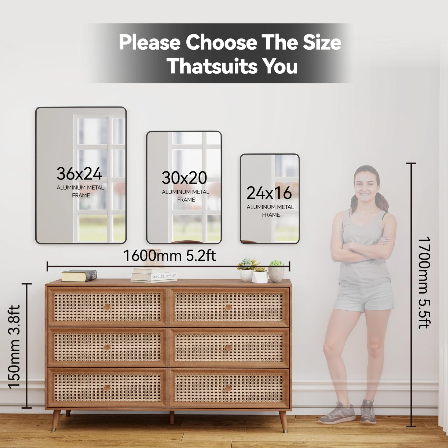 SCWF-GZ 24x36 Mirror Vanity Bathroom Wall Mounted Aluminum Alloy Metal Frame Dressing Round Rectangle Mirrors for Entryway Bedroom Living Room Horizontally or Vertically 36x24 inch Black