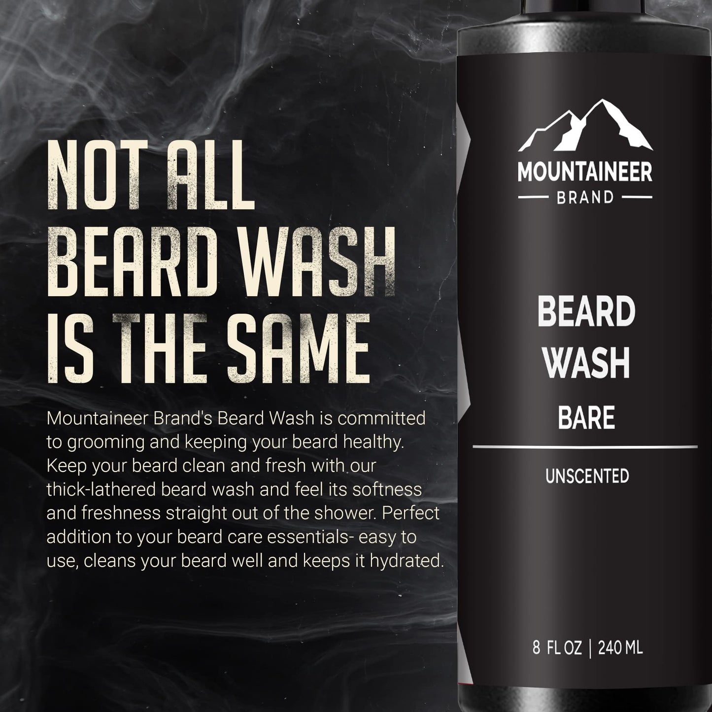 Mountaineer Brand Beard Wash For Men | 100% Natural Beard Shampoo | Thick Cleaning Softening Lather for Hair and Skin | Hydrate and Detangle | Grooming Treatment | Bare Unscented 8oz