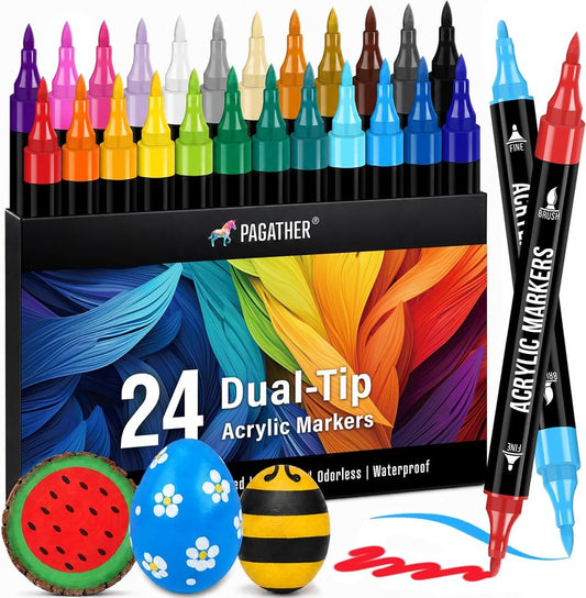 Acrylic Paint Markers - 24 Colors Dual Tip Fine & Brush Pens for Fabric, Wood, Stone, Canvas | DIY Crafts & Art Projects