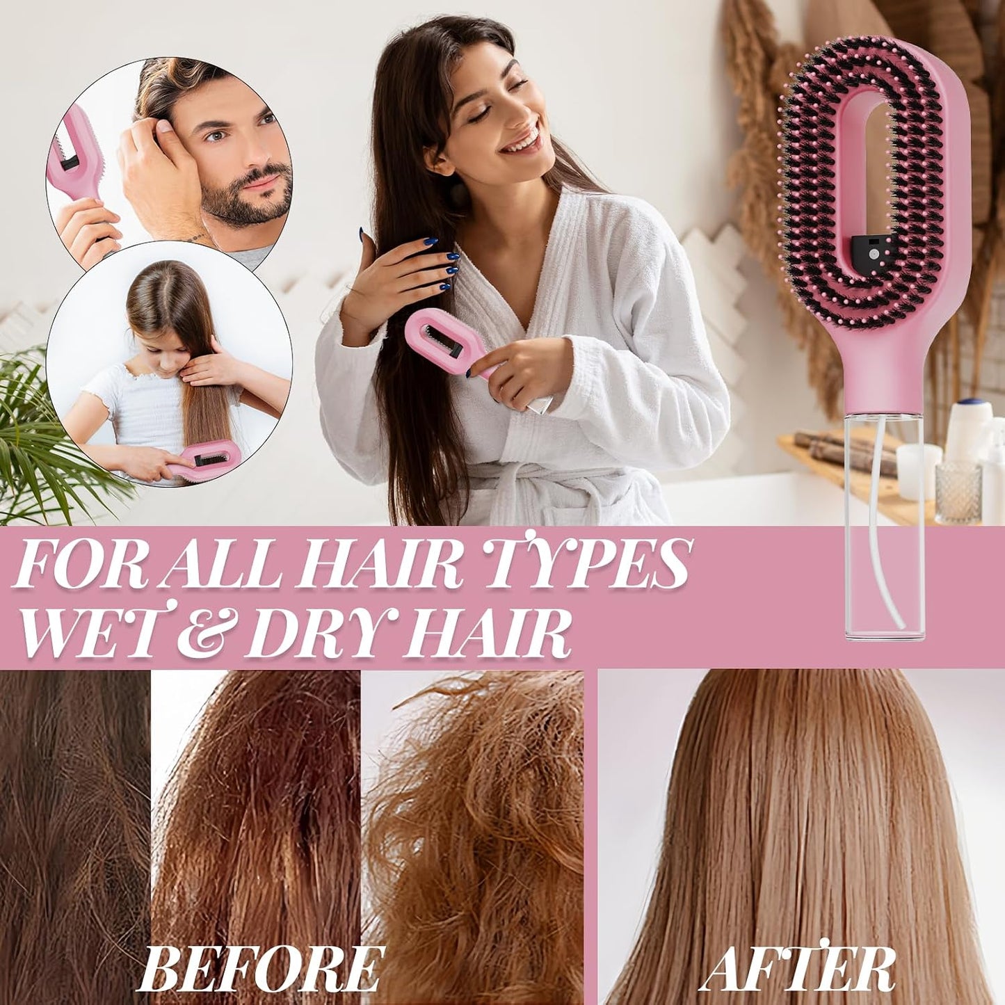 Hair Brush with Water Spray - 2-in-1 Detangling Tool for Wet & Dry Hair | Anti-Frizz, Portable, Pink