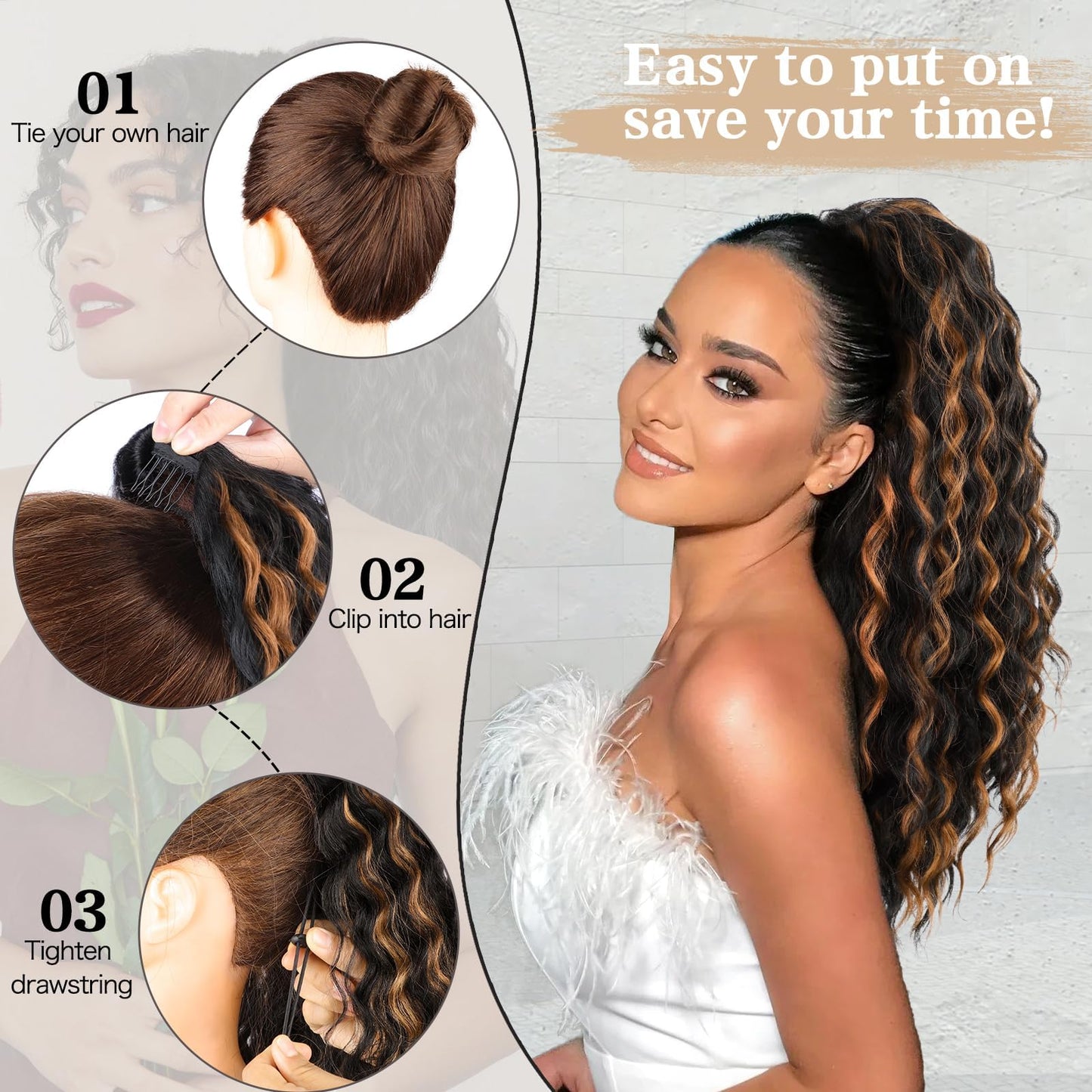 AISI BEAUTY Curly Ponytail Extension, Drawstring Ponytail Extension for Black Women Synthetic 20 Inch Clip in Pony tails Hair Extensions Long Curly Wavy Fake Hairpieces for Daily Use(H1B/27)