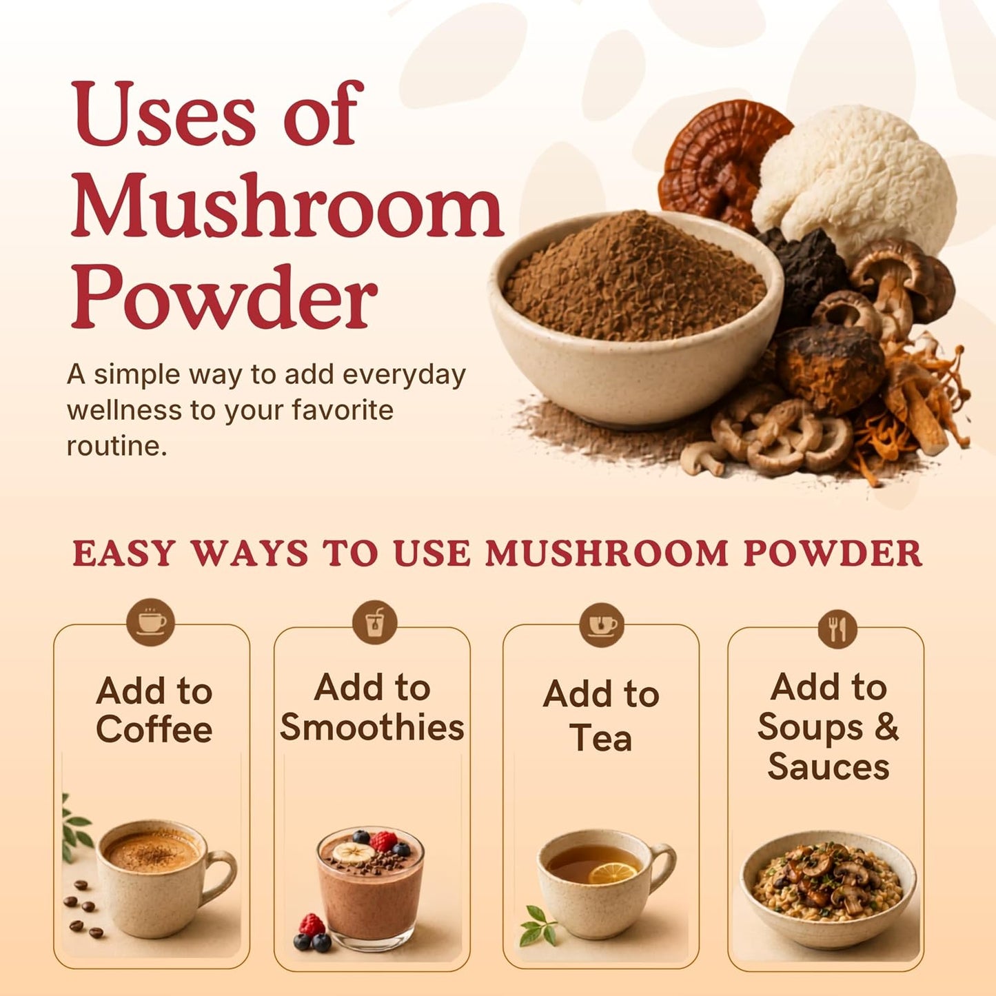 Organic Mushroom Supplement Powder - Focus & Immune Support | 100% Fruiting Body, Lions Mane, Reishi & More - 60 Servings