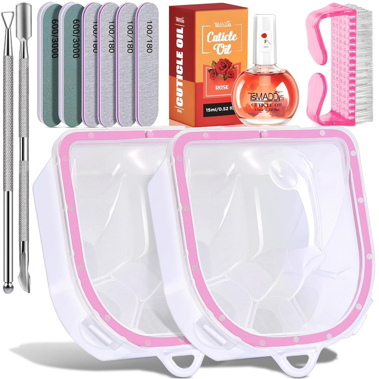Nail Polish Remover Kit - 2 Soaking Bowls, Cuticle Tools, Oil, Files & Buffers | Complete Manicure Set