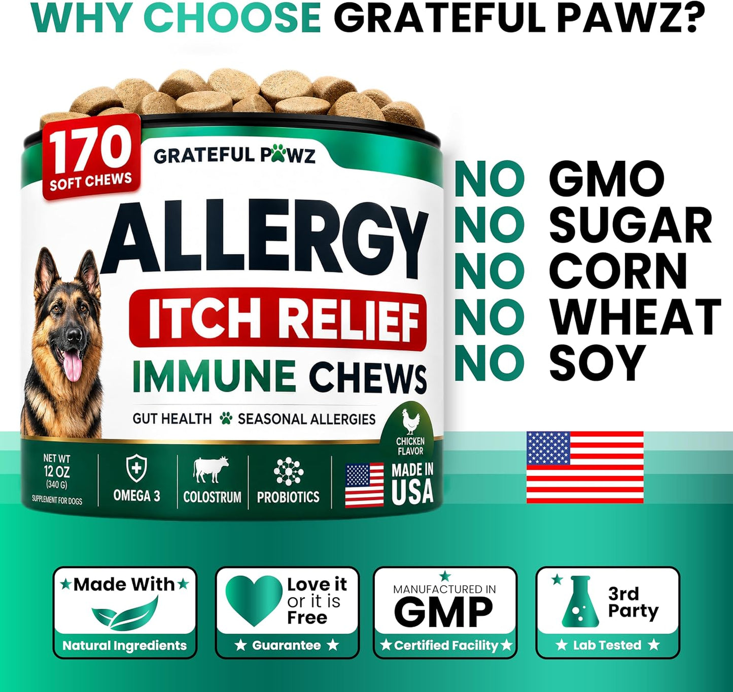 Dog Allergy Chews - Natural Allergy Relief Treats with Probiotics & Colostrum | 170 Count for Itchy Skin & Immune Support