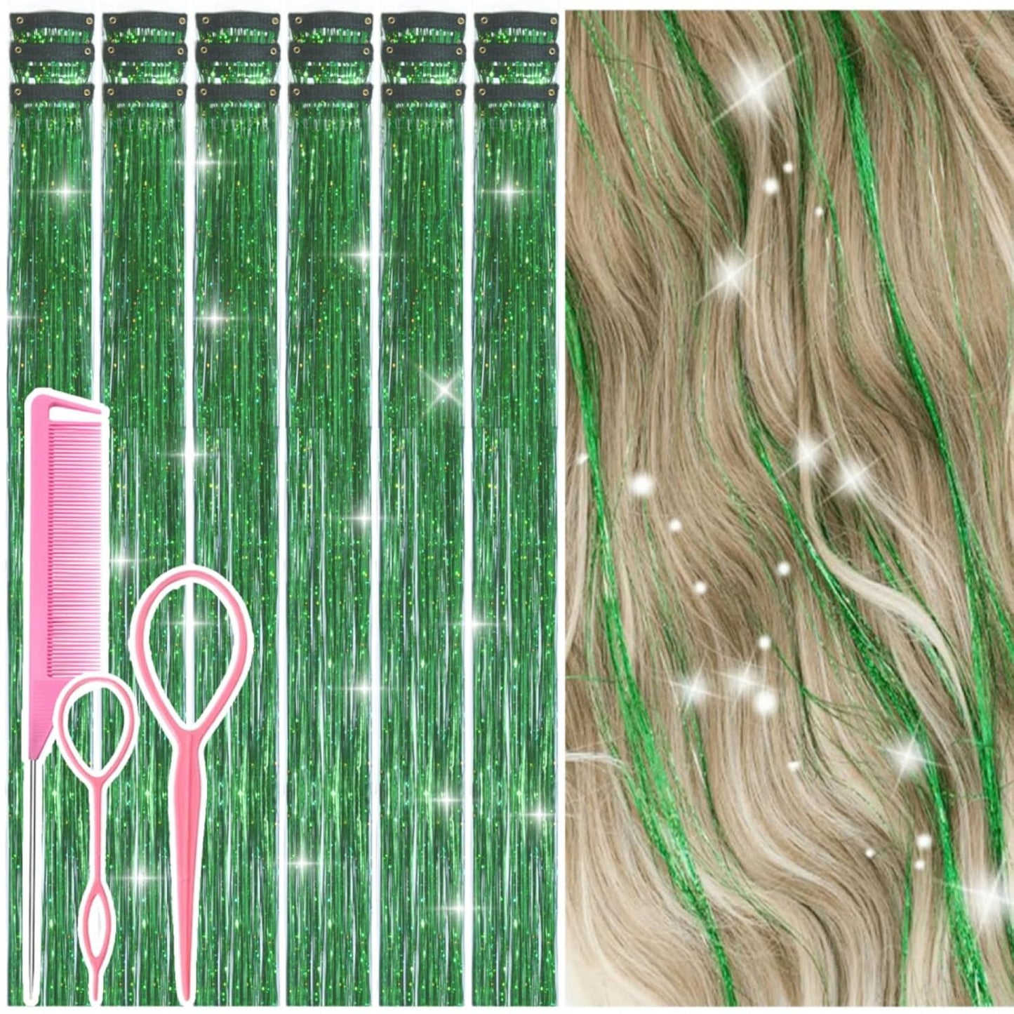 Hair Tinsel Kit - 12 Pcs 24 Inch Gold Glitter Clip-In Hair Extensions for Girls & Women | Perfect for Christmas & New Year Parties
