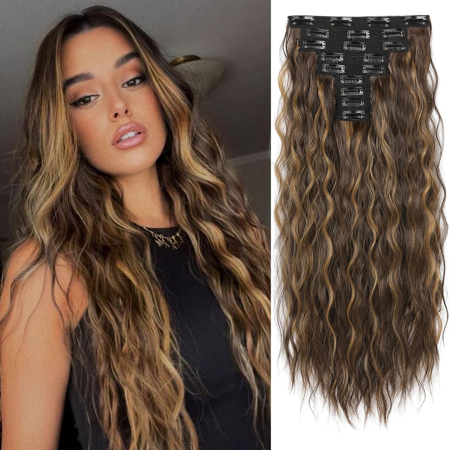 Clip In Hair Extensions - 24" Thick Long Loose Waves | Invisible Lace Weft, Natural Soft Hairpieces - Chocolate Brown with Blonde Highlights