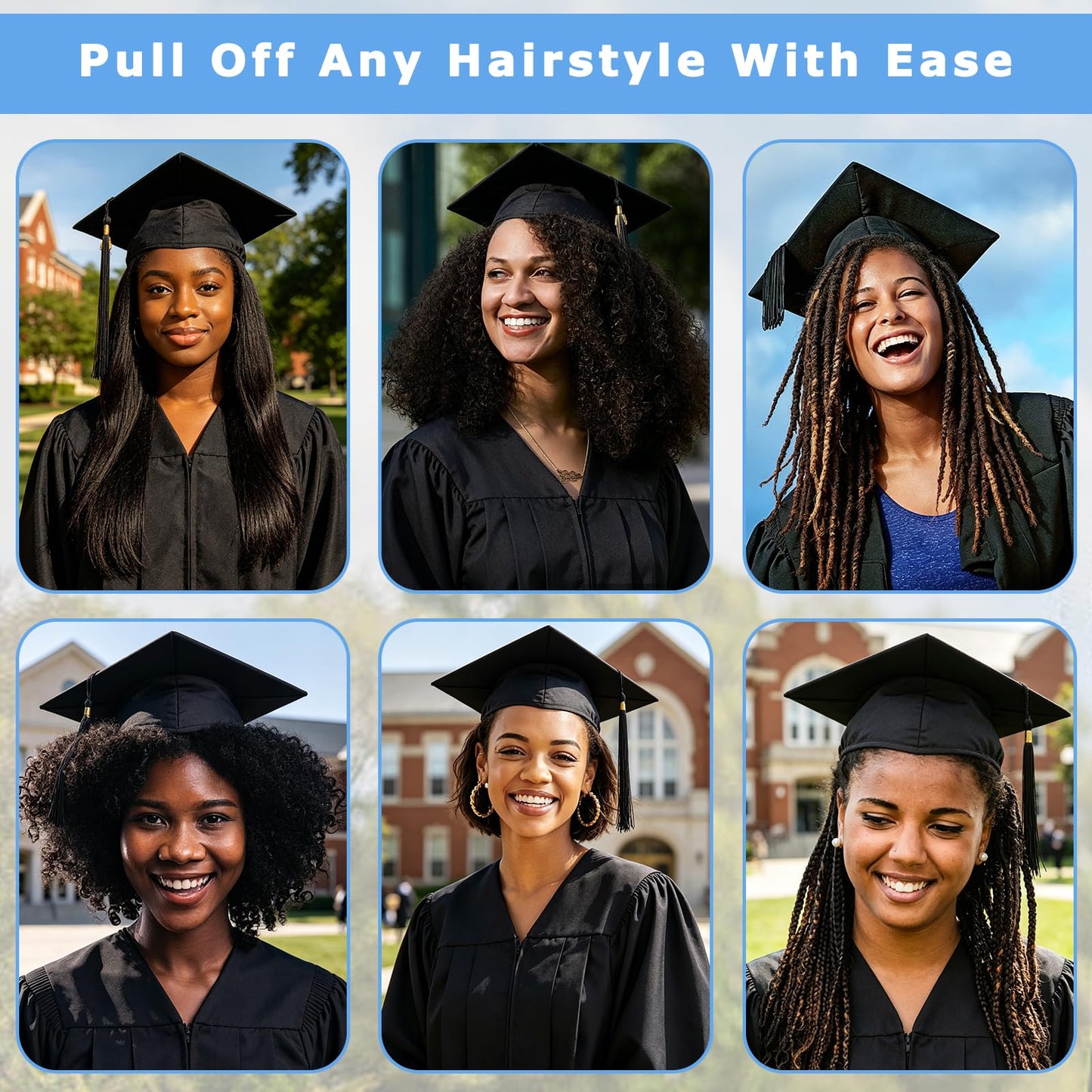 unibouti Graduation Cap Headband Insert Black - Original Four Leaves Clover - Secure Your Grad Cap on Curly, Natural Hair, Braids, Locs, Twists and Straight Hair