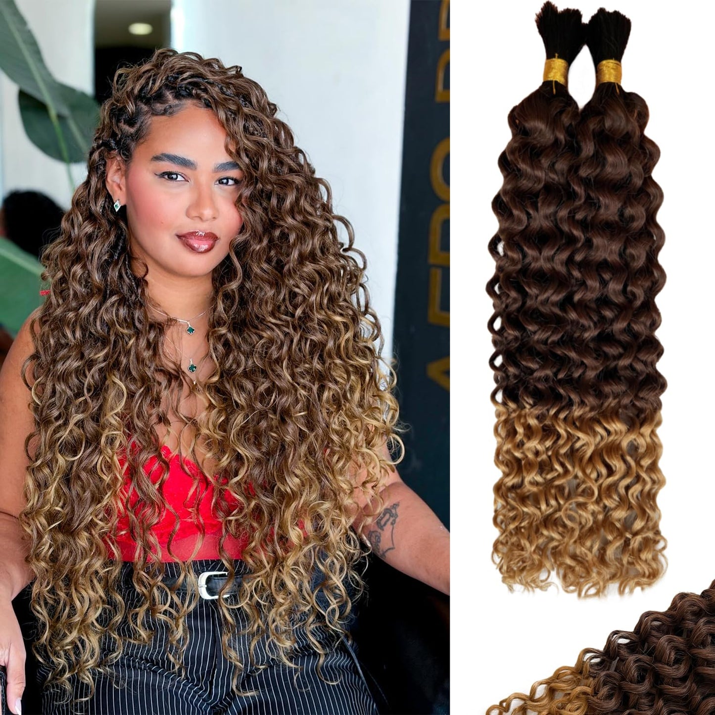 Braiding Human Hair Water Wave - 2 Bundles 100g Ombre Curly Extensions | 14 Inch Black/Brown Highlights