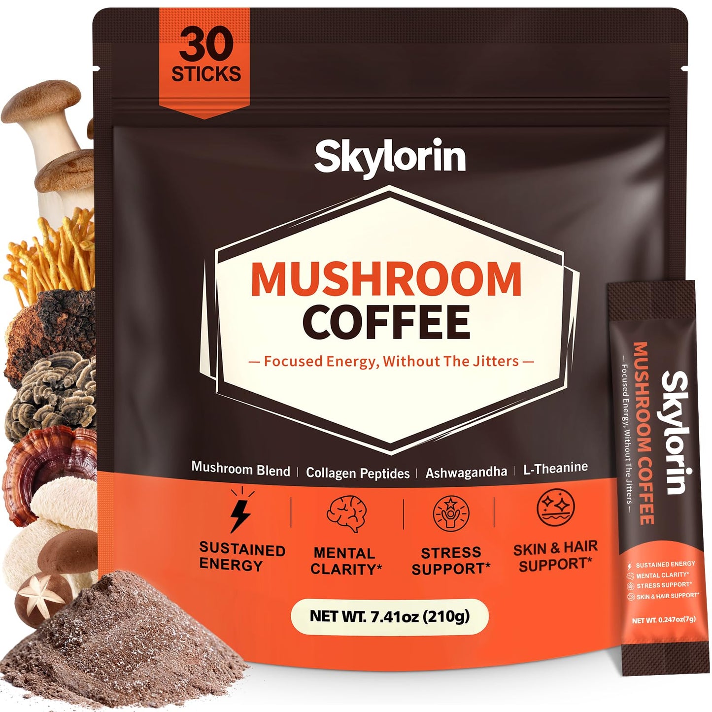 Skylorin 30 Sticks Mushroom Coffee - 7 Adaptogenic Mushrooms & 3000mg Collagen, Ashwagandha & L-Theanine - Smooth Low-Acid Instant Coffee Packets for Focus, Energy, Digestion, Skin & Immune Support