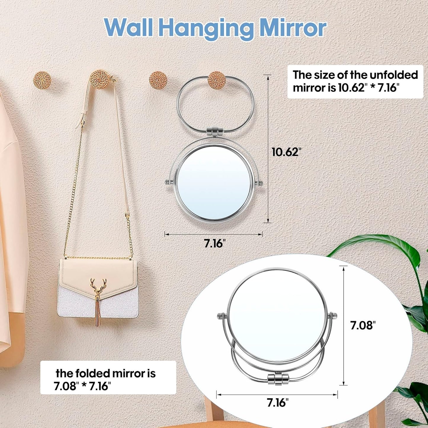 Portable Folding Travel Makeup Mirror - 1X/10X Magnifying Double-Sided 360° Swivel | Handheld & Wall Hanging Design, Includes Travel Storage Bag
