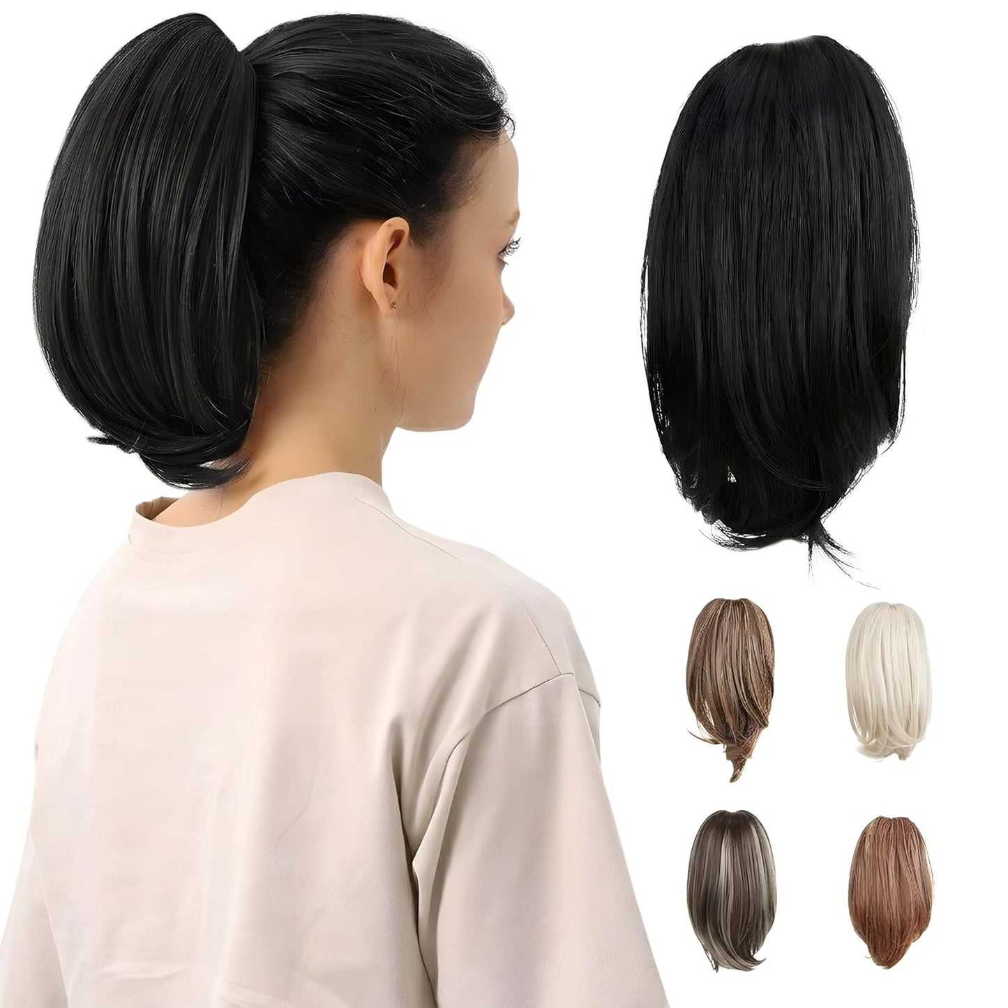 10-Inch Straight Claw Clip-In Ponytail Hair Extensions - Black | Realistic Synthetic Hair for Women & Men