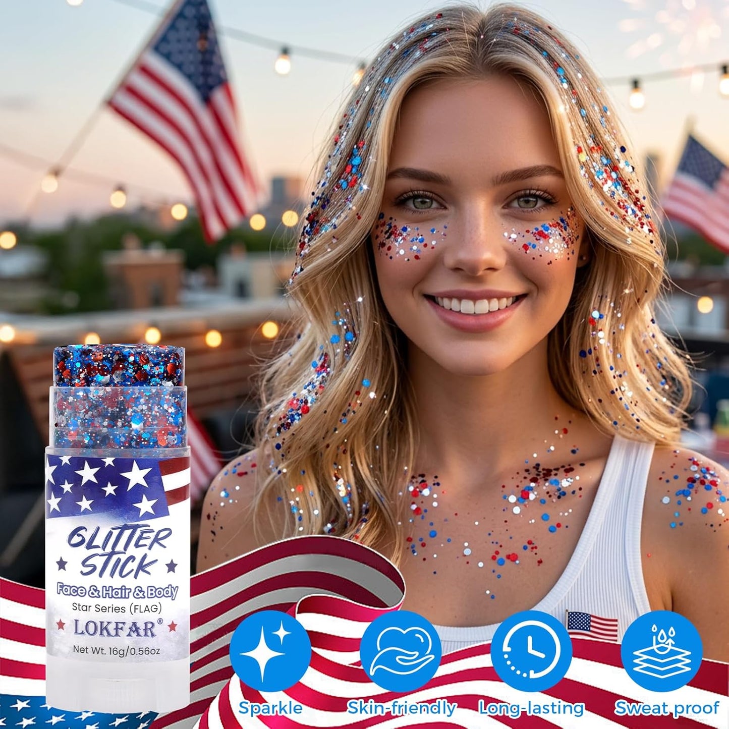 Patriotic Hair Glitter - 4th of July Body & Face Glitter for Women | Red, White & Blue