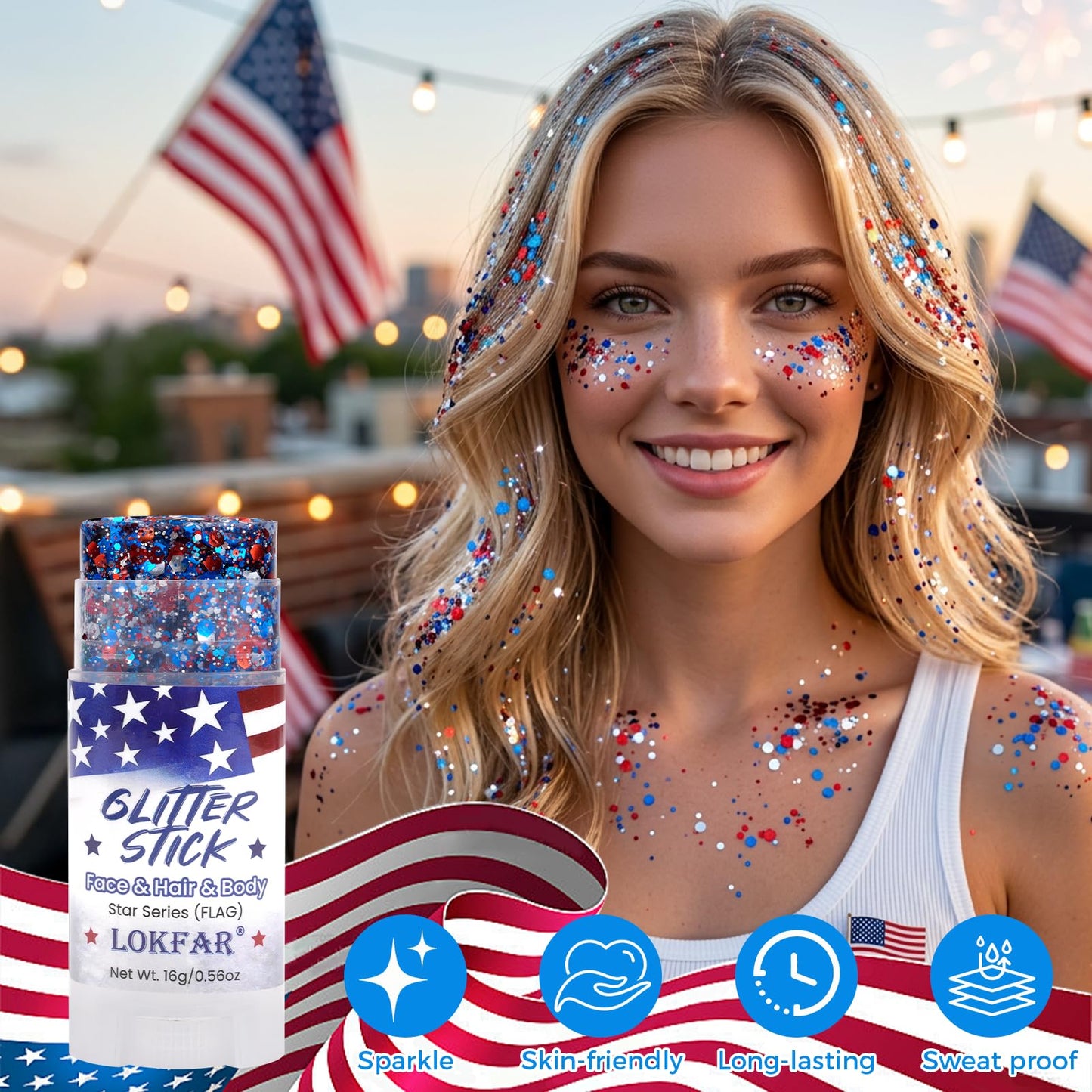 4th of July Glitter Stick Patriotic Hair Glitter Body Glitter face Glitter 4th of July Outfits for Women Fourth of July Outfit Women 4th of July Fourth of July Decorations，Red Blue and WhiteX1