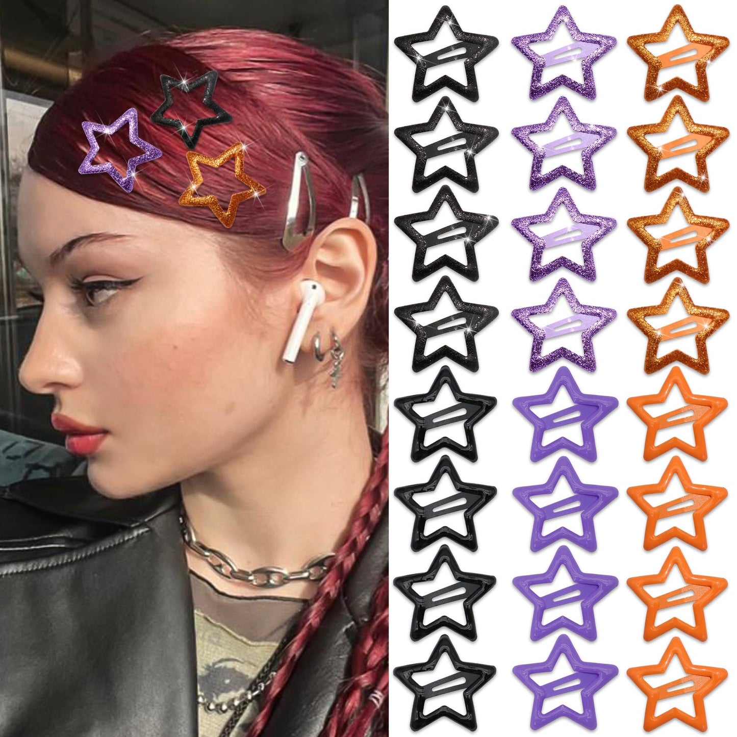 NAISKA 24PCS Halloween Stars Hair Clips Sequins Stars Hair Barrettes Metal Star Snap Clip Y2K Non Slip Clips Halloween Vibe Cute Hair Accessories for Women Girls