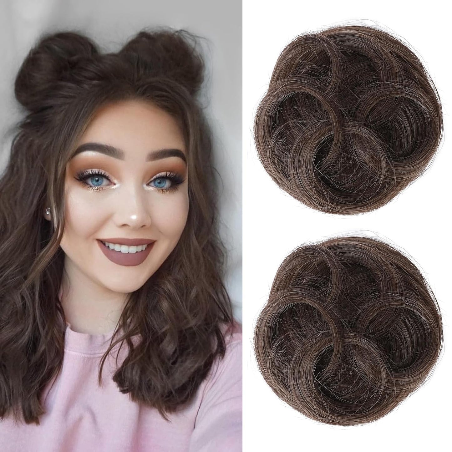 REECHO Mini Claw Clips - Messy & Cat Ears Hair Bun Extensions | 2-Pack, 3.5" Wavy, Natural Black