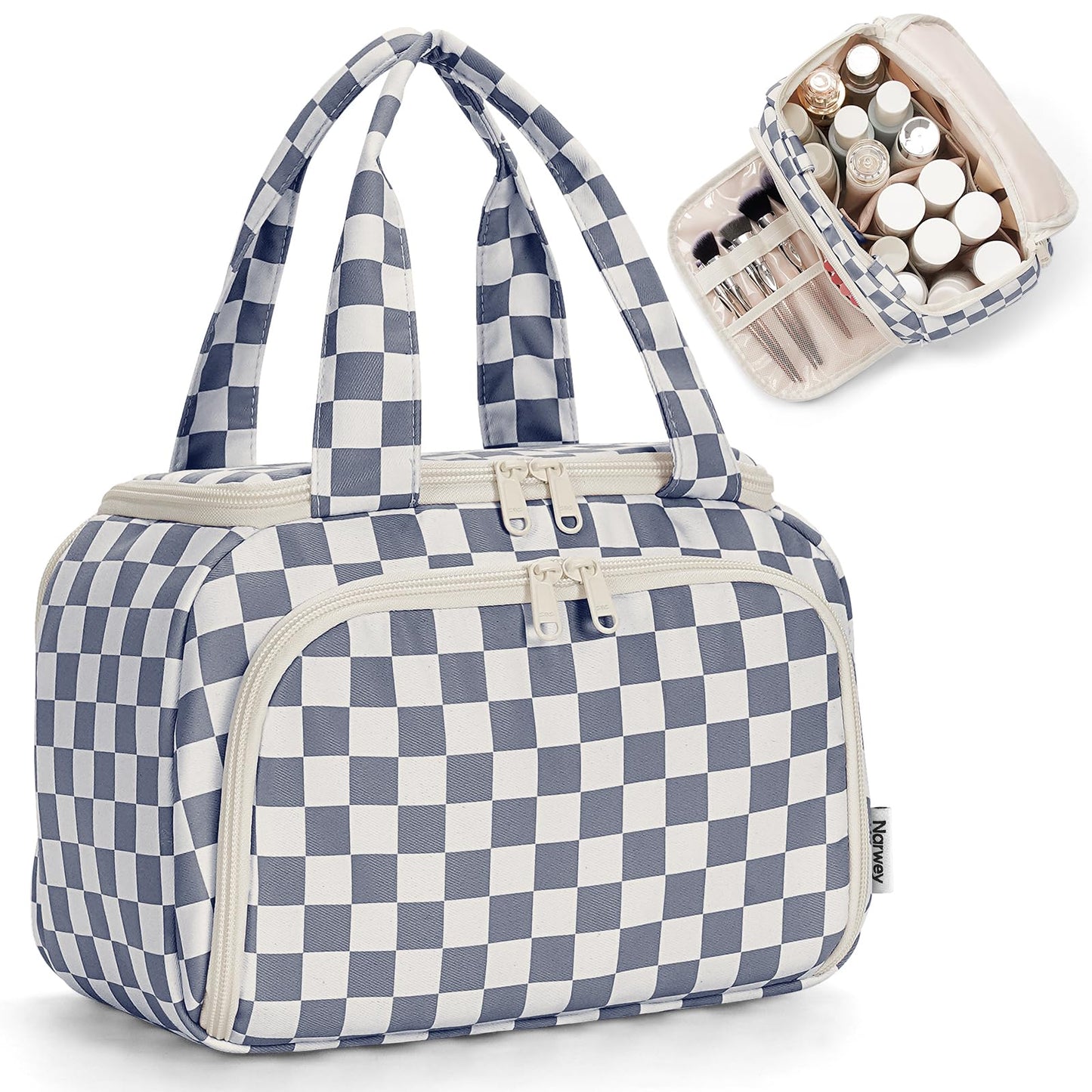 Narwey Checkered Travel Toiletry Bag for Women Large Makeup Bag, Wide-open Cosmetic Make Up Organizer with Handle, Travel Bag for Toiletries, Essentials, Accessories (Greyish Blue Checkerboard)