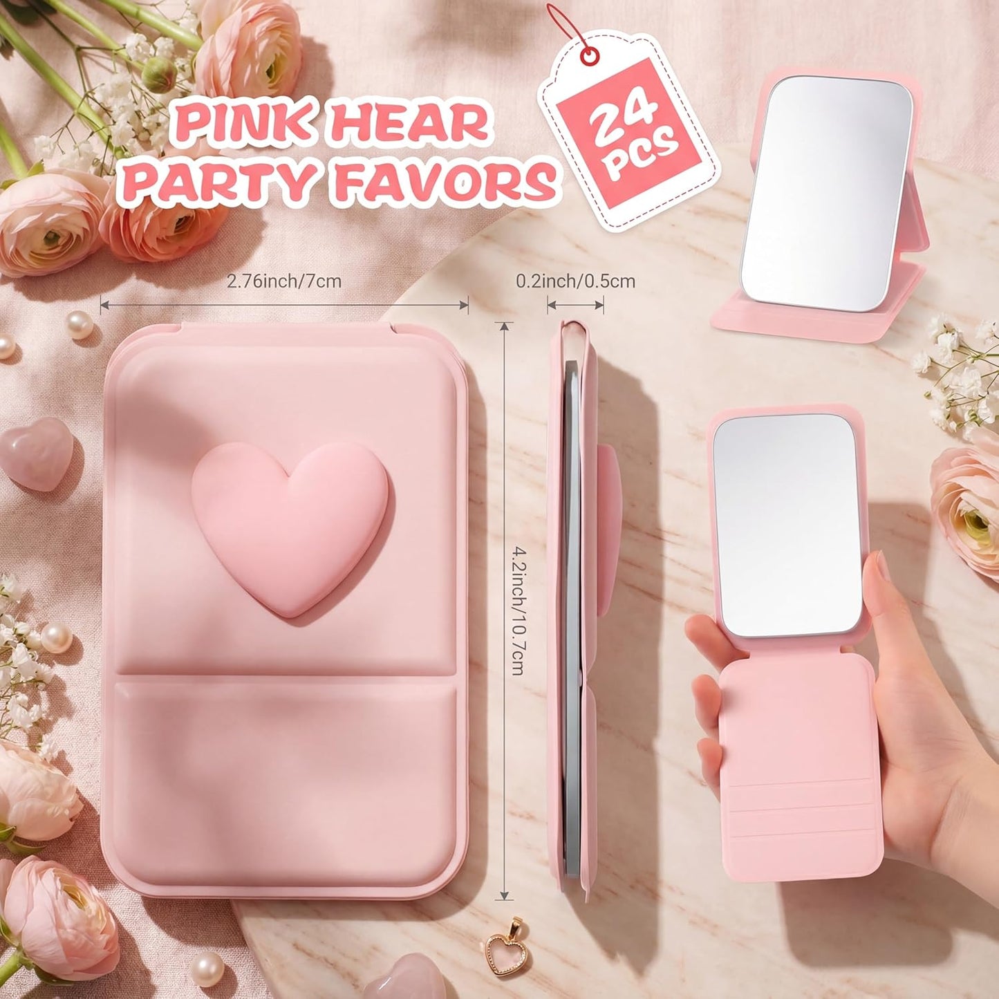 Amyhill Mini Folding Heart Mirror - 24 Pcs Compact Mirrors for Women | Pastel Pink Gift Set for Birthdays & Celebrations