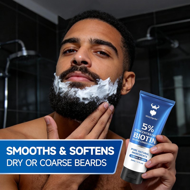 MistySprite Biotin Beard Conditioner - 5% Strength for Thicker Beard Growth, Less Itch - Hydrates & Softens Dry Coarse Facial Hair - 5 oz, Spring Bloom Scent