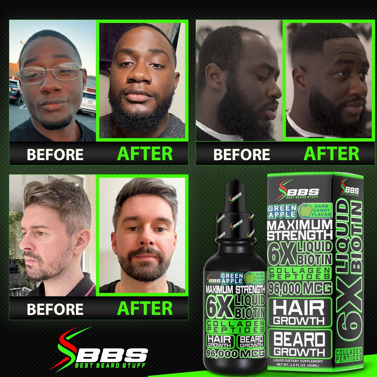 Beard Growth Kit w/ 2X Thickening Biotin Beard Balm & Mustache Wax + 6X Liquid Biotin with Collagen Peptides for Facial Hair Growth - Formulated in America