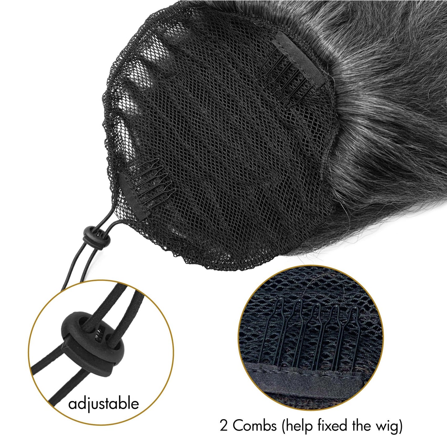 UAmy hair Grey Yaki Straight Drawstring Ponytail for Women 16inch Salt and Pepper Yaki Pony Tail Clip in Hairpiece Shoulder Length Synthetic Kinky Straight Ponytail hair Extension(T1B/Gray)