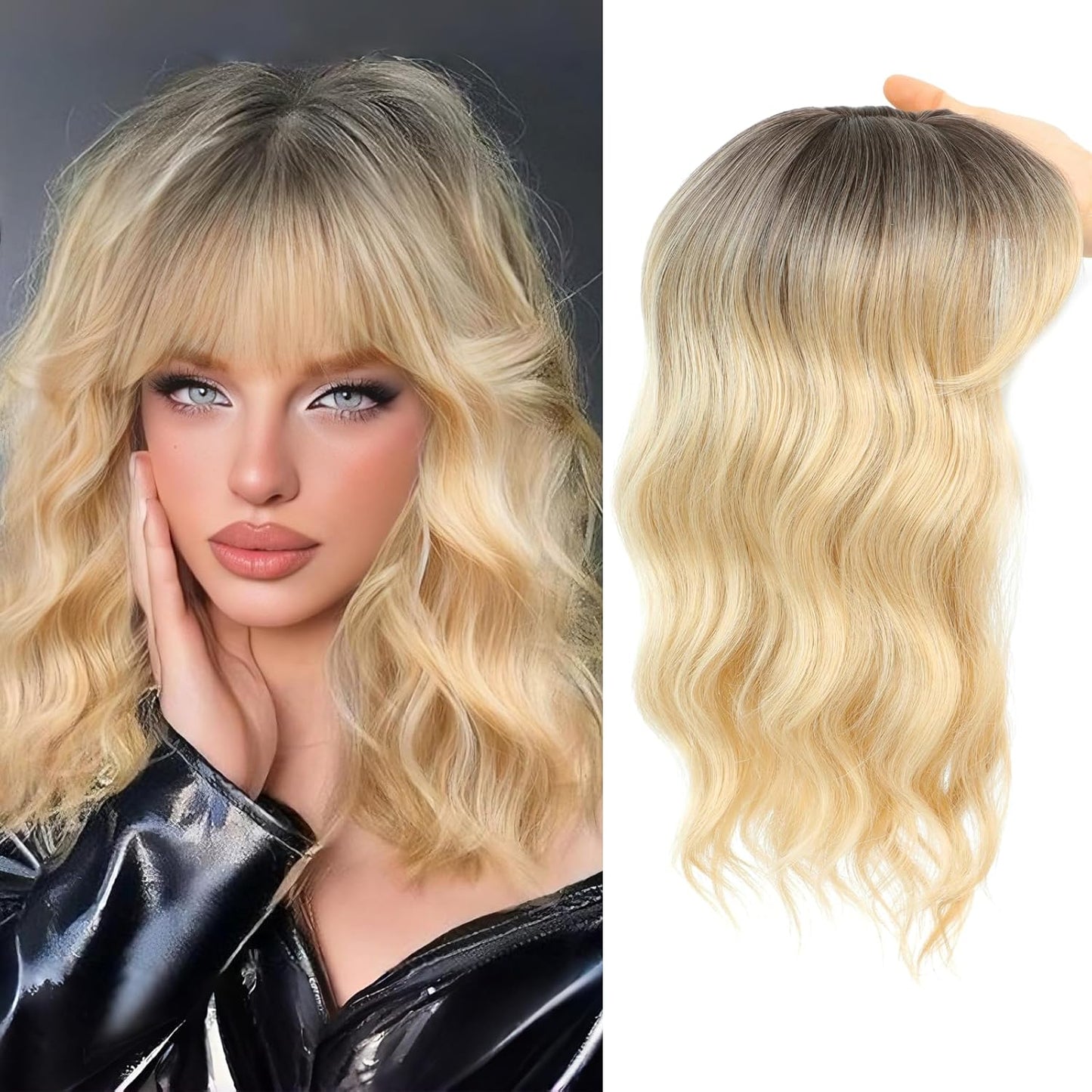 16 Inch Hair Topper for Thinning Hair - Synthetic Curly Clip-In with Wispy Bangs | Lightweight Black Crown Coverage