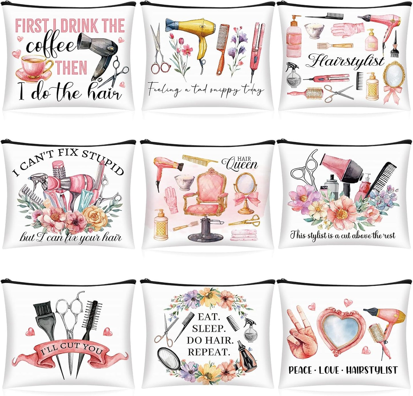 Reginary 9 Pcs Hair Stylist Gift Set - Makeup & Cosmetic Zipper Pouch Case for Graduates | Ideal for Hairdressers