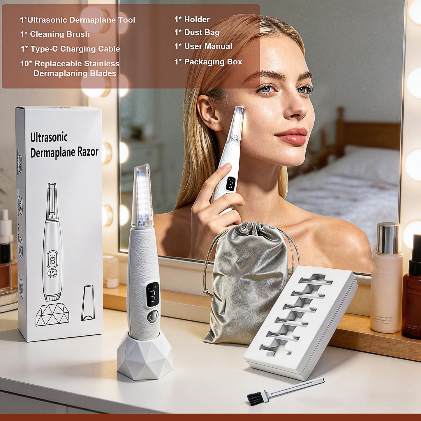Sonic Dermaplane Razor for Women Face with 12 Refill Blades, Dermaplaning Tools for Peach Fuzz & Exfoliation, Eyebrow & Face Hair Remover,3 peeds,LED, Rechargeable Dermaplane Razor,White