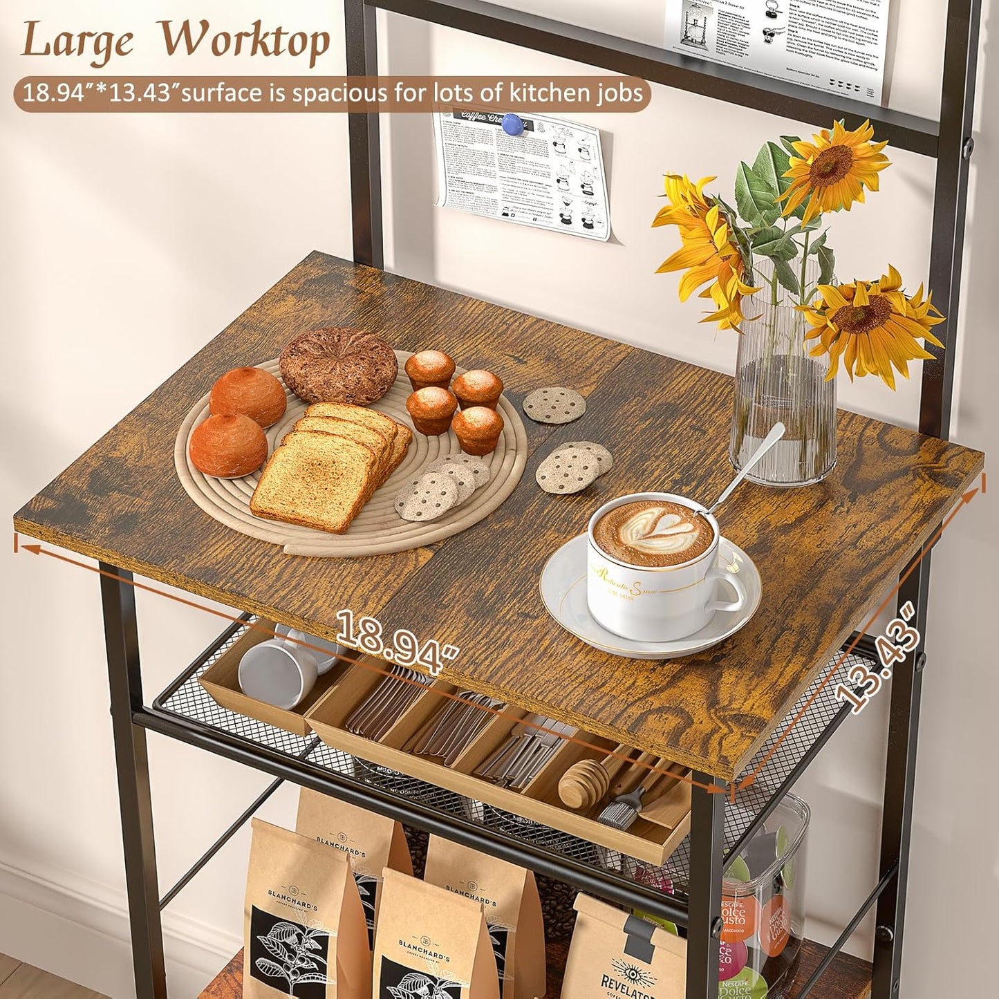 5 Tier Coffee Bar Station - Farmhouse Kitchen Stand with 4 Hooks | Space-Saving Cabinet for Small Areas, 13.43"D x 18.93"W x 53.31"H