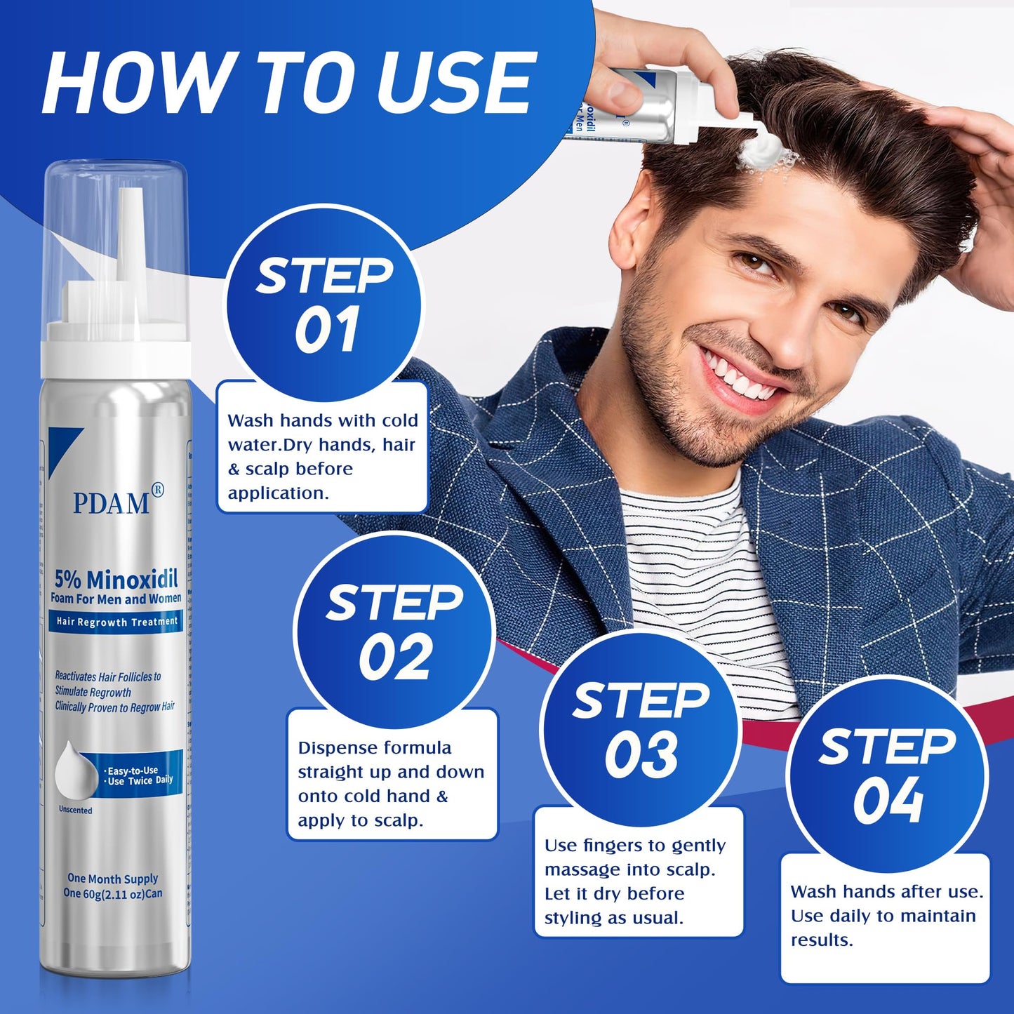 PDAM 5% Minoxidil for Men and Women Foam – Clinically Proven Regrowth for Thinning Hair, Topical Hair Loss Treatment, Extra Strength Foam for Thicker, Fuller Hair, 4-Month Supply (4 x 2.11 oz)