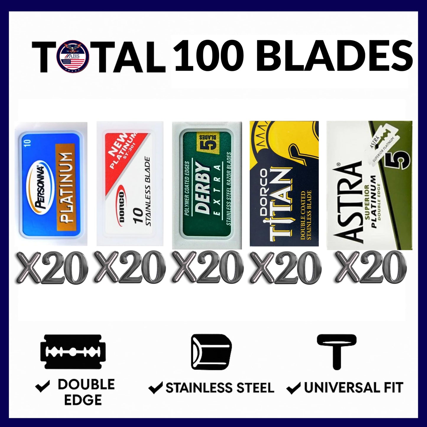 ABS American Beauty Supply Double Edge Safety Razor Blades Sampler Pack for Men-Includes 4 Top Global Brands: Personna Dorco Astra Derby-Comfortable Shaving –Fits All Double Edge Safety Razors (100)
