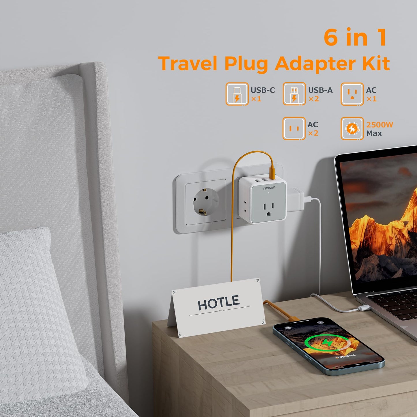 TESSAN All European UK Travel Plug Adapter Kit, 6-in-1 International Power Adapter with 3 USB (1 USB C) and 3 AC Outlets, Supports Type C, G, E/F, I, A, B for US to Europe UK Italy Australia Japan