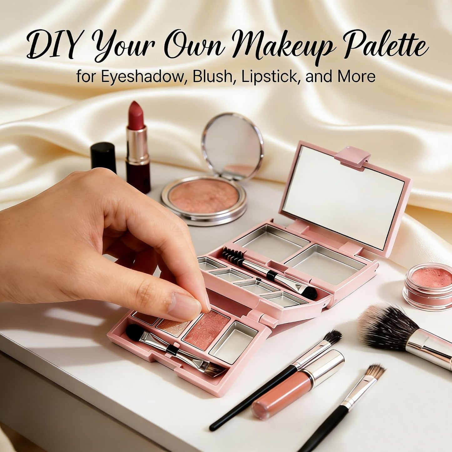Foldable Magnetic Makeup Palette - 3-Layer DIY Travel Kit with Mirror | Compact Pink Cosmetic Organizer, 10 Pans & Brushes