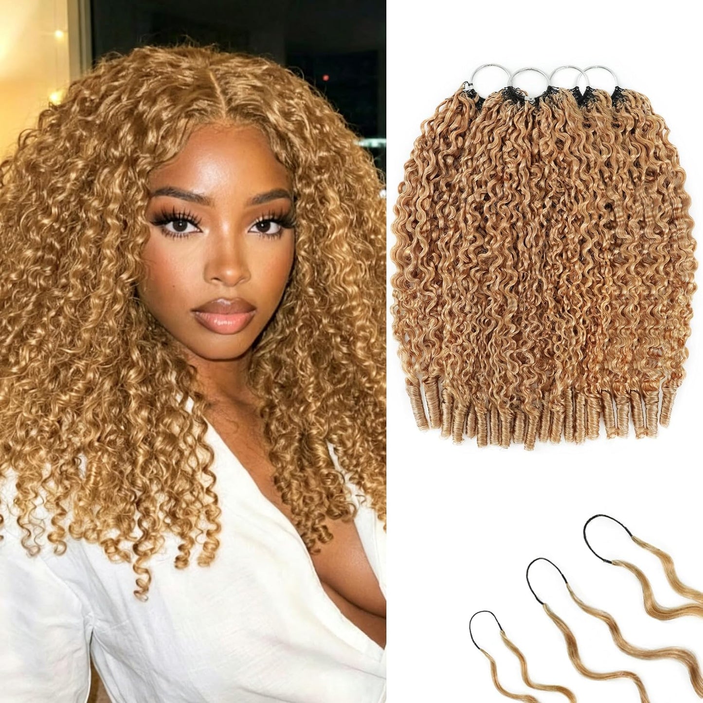 Honey Blonde Burmese Curly Crochet Hair - 18 Inch 180g Pre-Separated Bundles | Invisible Miracle Knots