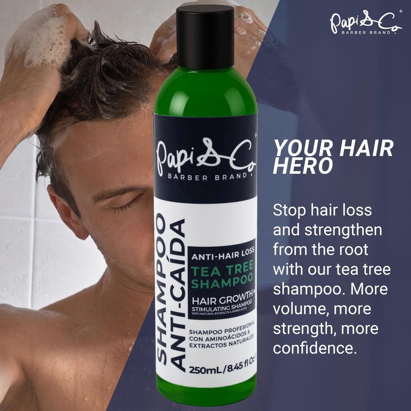 Papi & Co. - Tea Tree Shampoo for Men - Natural Peppermint Thickening Shampoo - Anti Itch Scalp & Dandruff Treatment with Seaweeds & Squalene - Daily Use Clarifying Formula for Thinning Hair - 250 mL