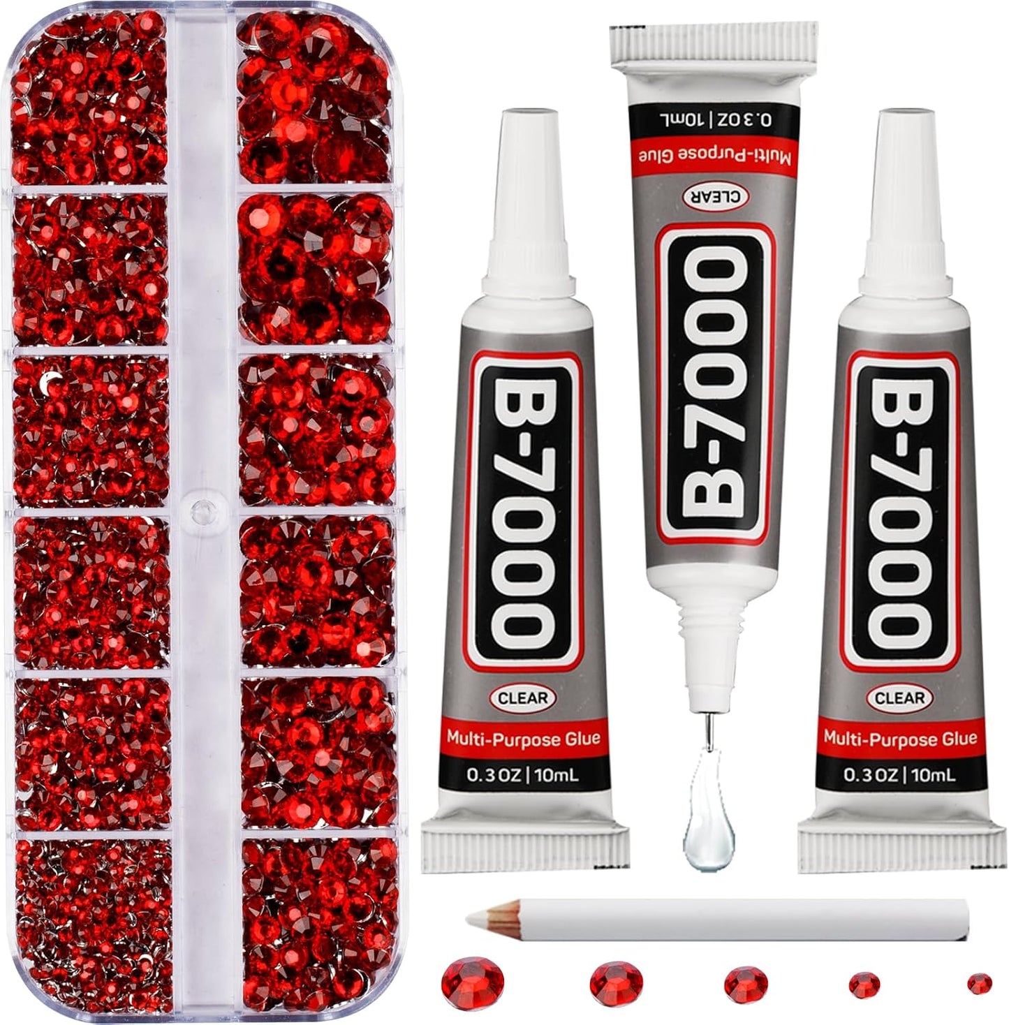 Red Rhinestones Bedazzler Kit - 6500 Pcs Flatback Crystals & B7000 Glue | 2-6mm Resin Gems for Crafts, Clothes, Shoes, Nails