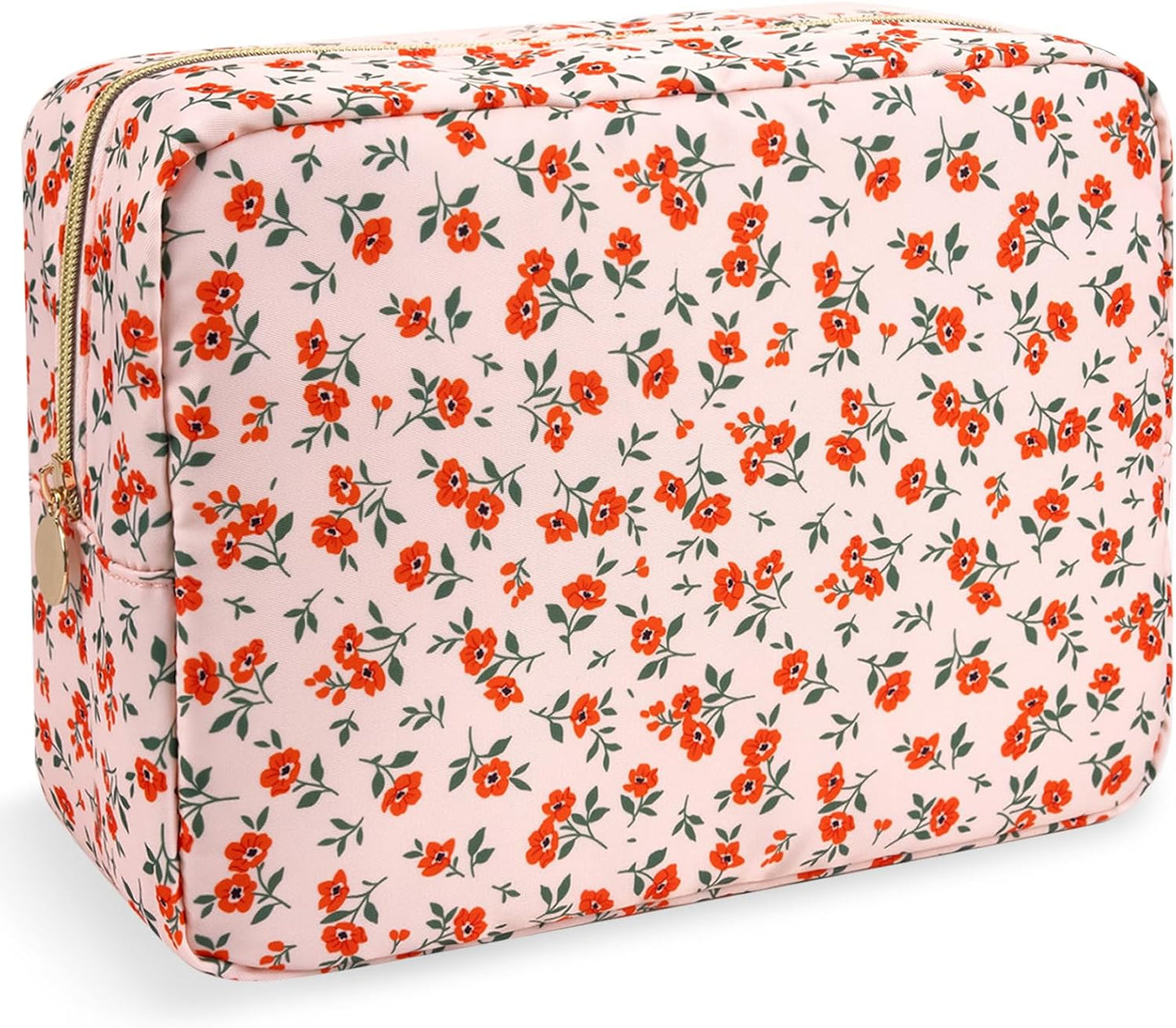 Floral Makeup Bag - Cute Pink Nylon Zipper Pouch for Travel | Waterproof Cosmetic Organizer for Women