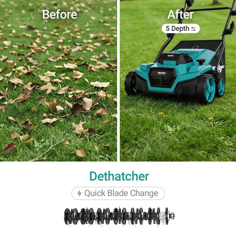 36V 15" Brushless Cordless Electric Dethatcher and Scarifier Compatible with Makita 18V Battery(Tool Only), w/12Gal Thatch Collection Bag, 5-Depth Adjustment, Quick-Fold, Walk Behind for Lawn Care