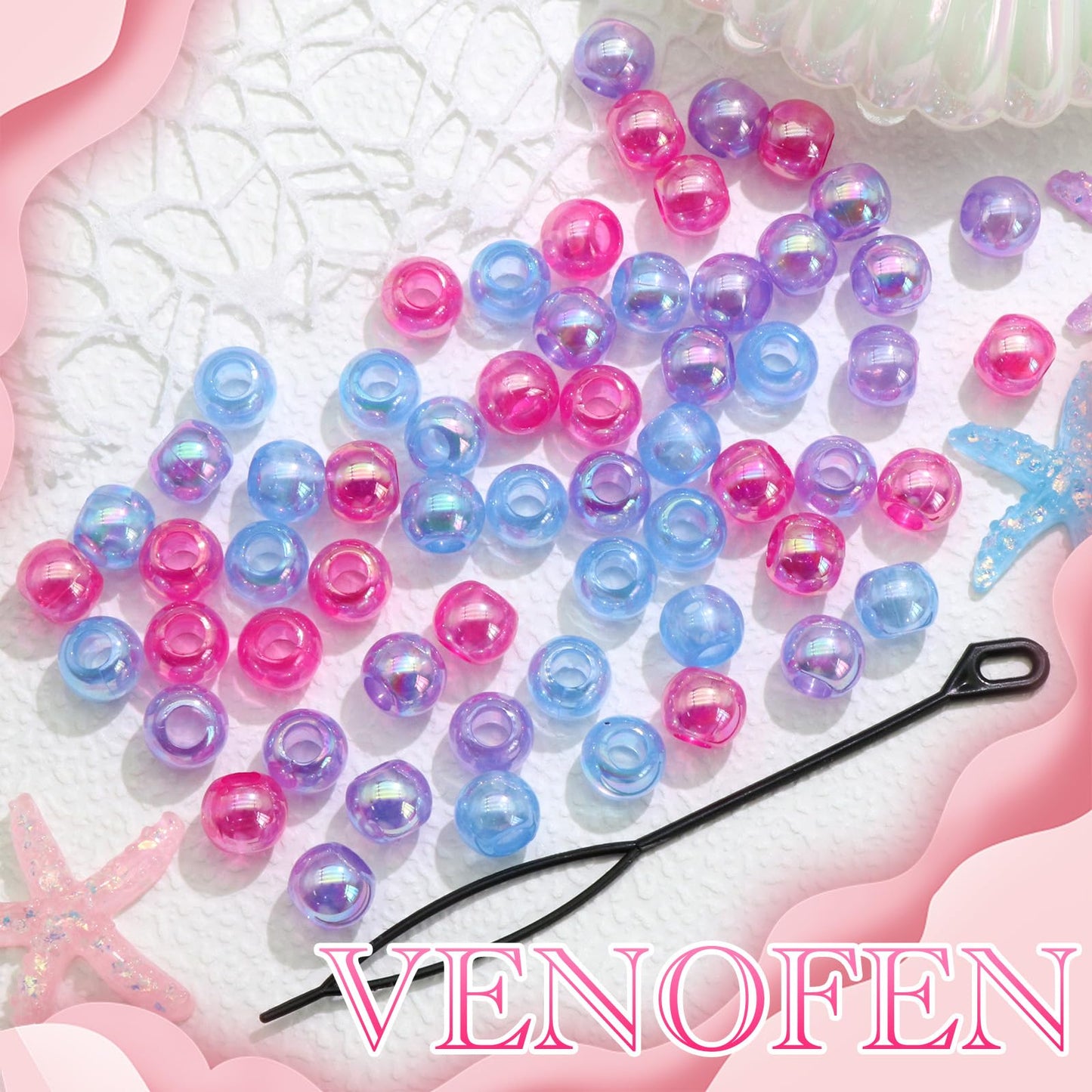 VENOFEN 60PCS AB Hair Beads Spacer Round Braids Bead with Large Hole Blue&Purple&Pink Pony Bead Loc Dreadlock Jewelry Kids Girls Hair Decoration Accessories