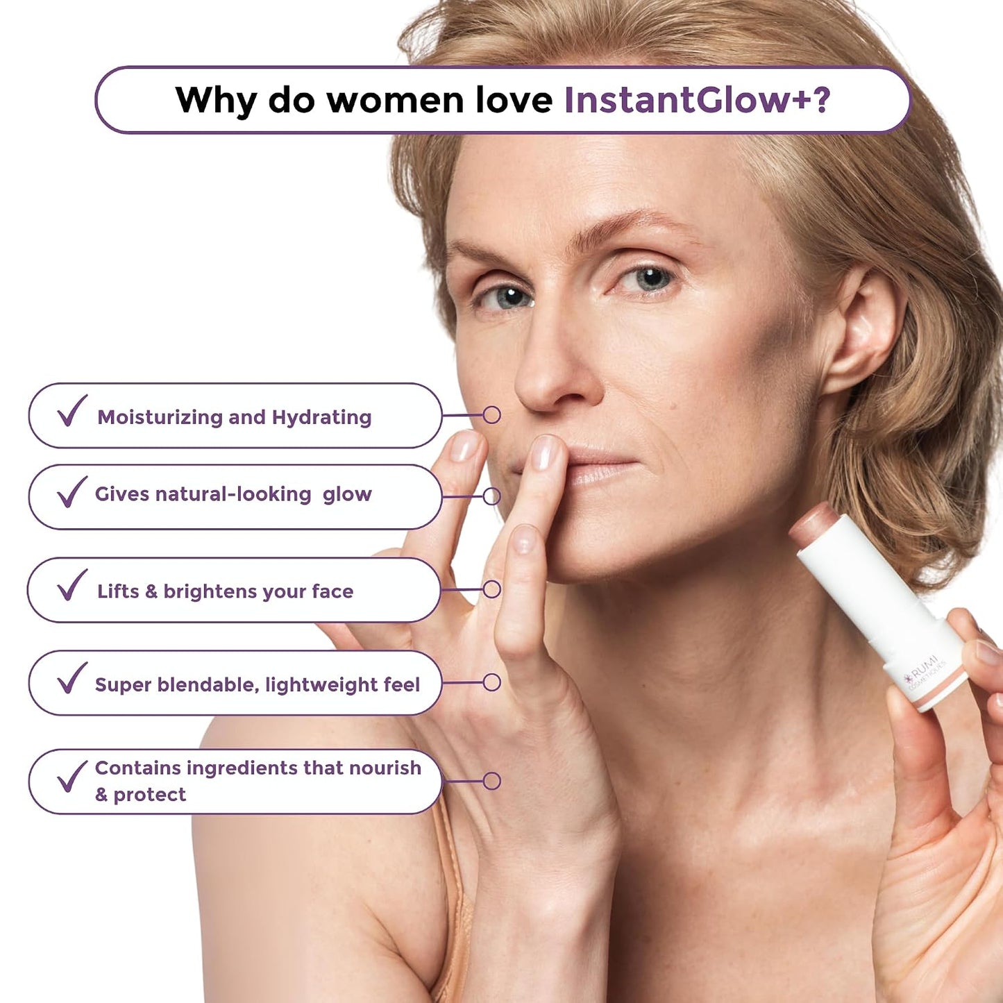 InstantGlow+ 4-in-1 Highlighter Stick for Mature Women - Nourishing Radiant Glow for Face & Shoulders | Cinnamon