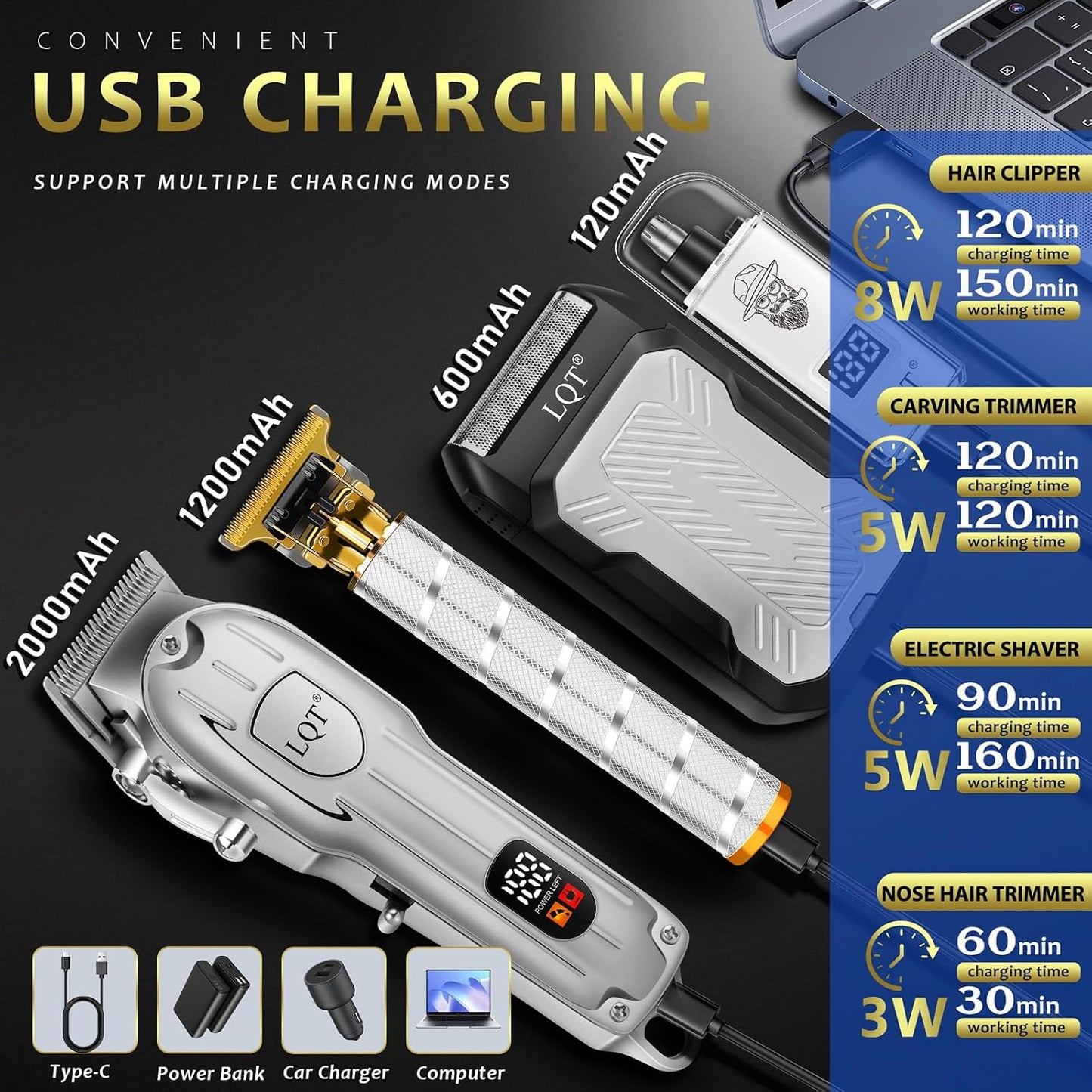 Hair Clippers for Men - Cordless 4-Piece Grooming Kit with LED Display | Clipper, Beard Trimmer, Shaver & Nose Trimmer